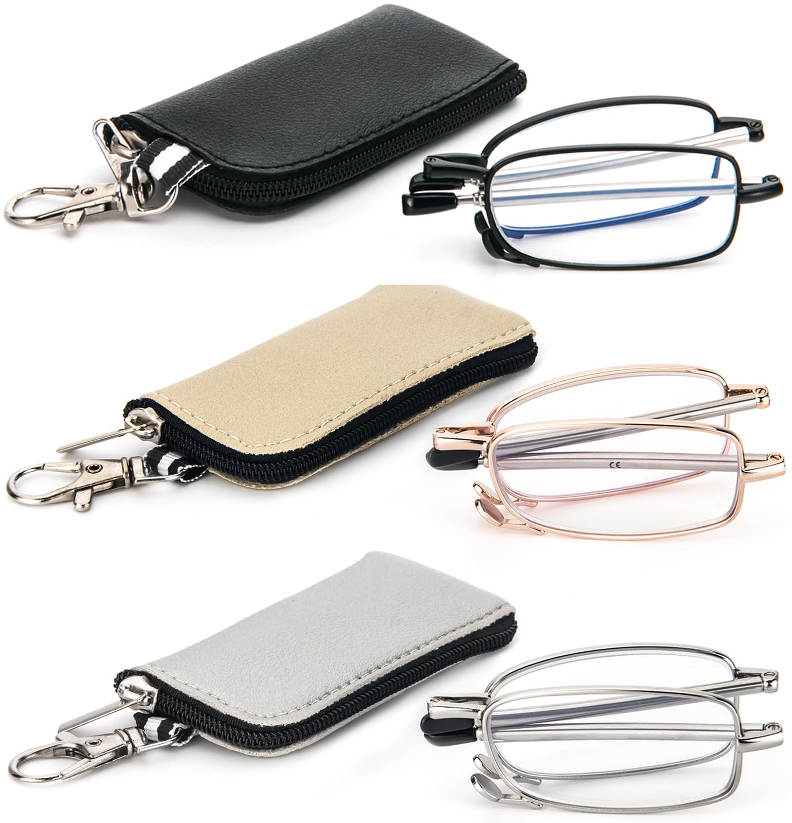REAVEE 3 Pack Folding Reading Glasses with Keychain Compact Bags for Women Men, Blue Light Blocking Spring Hinge Portable Pocket Readers, Black Gold