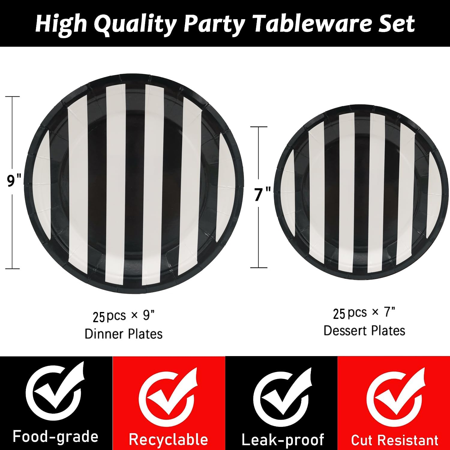 50pc Black & White Party Supplies - 9" Striped Plates, 7" Dessert Plates for Black & White Themed Decor - Image 3