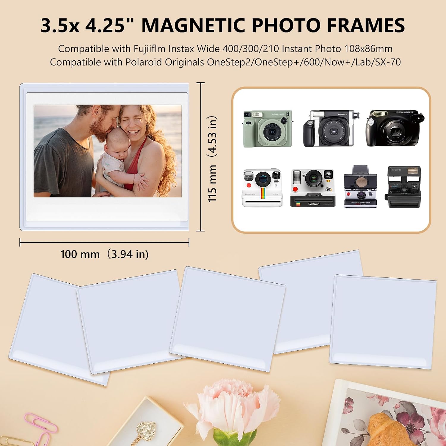 15 Pack ! Magnetic Photo Frames for Instax Wide Film, for Polaroid Photo 3.5x4.25” Fridge Photo Display Fits for Instax Wide 400/300/210/Wide EVO, for Polaroid Now/600/OneStep+ - White