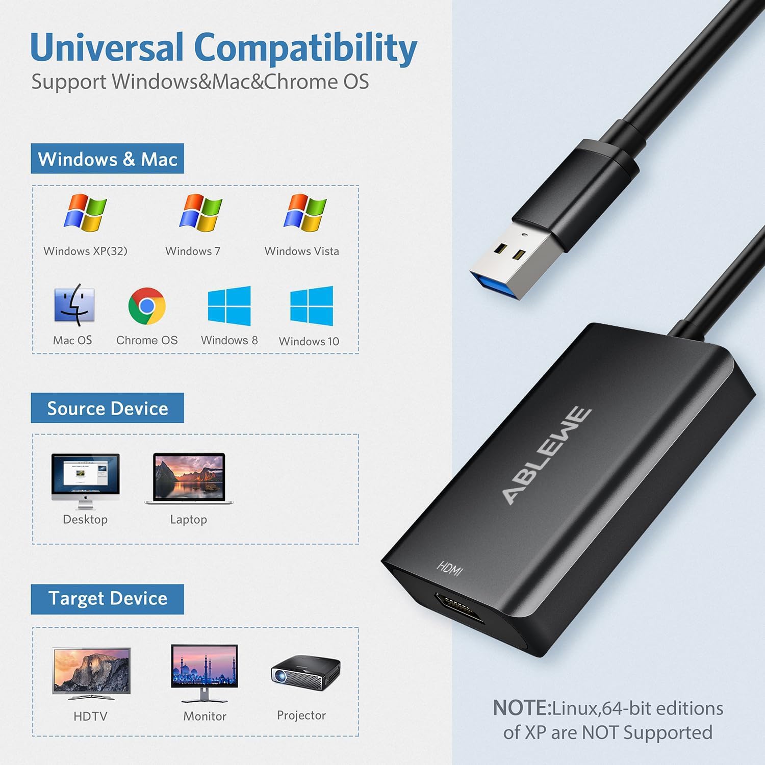ABLEWE Adattatore da USB a HDMI, aggiornato in alluminio da HDMI a USB 3.0.2.0 Audio Video