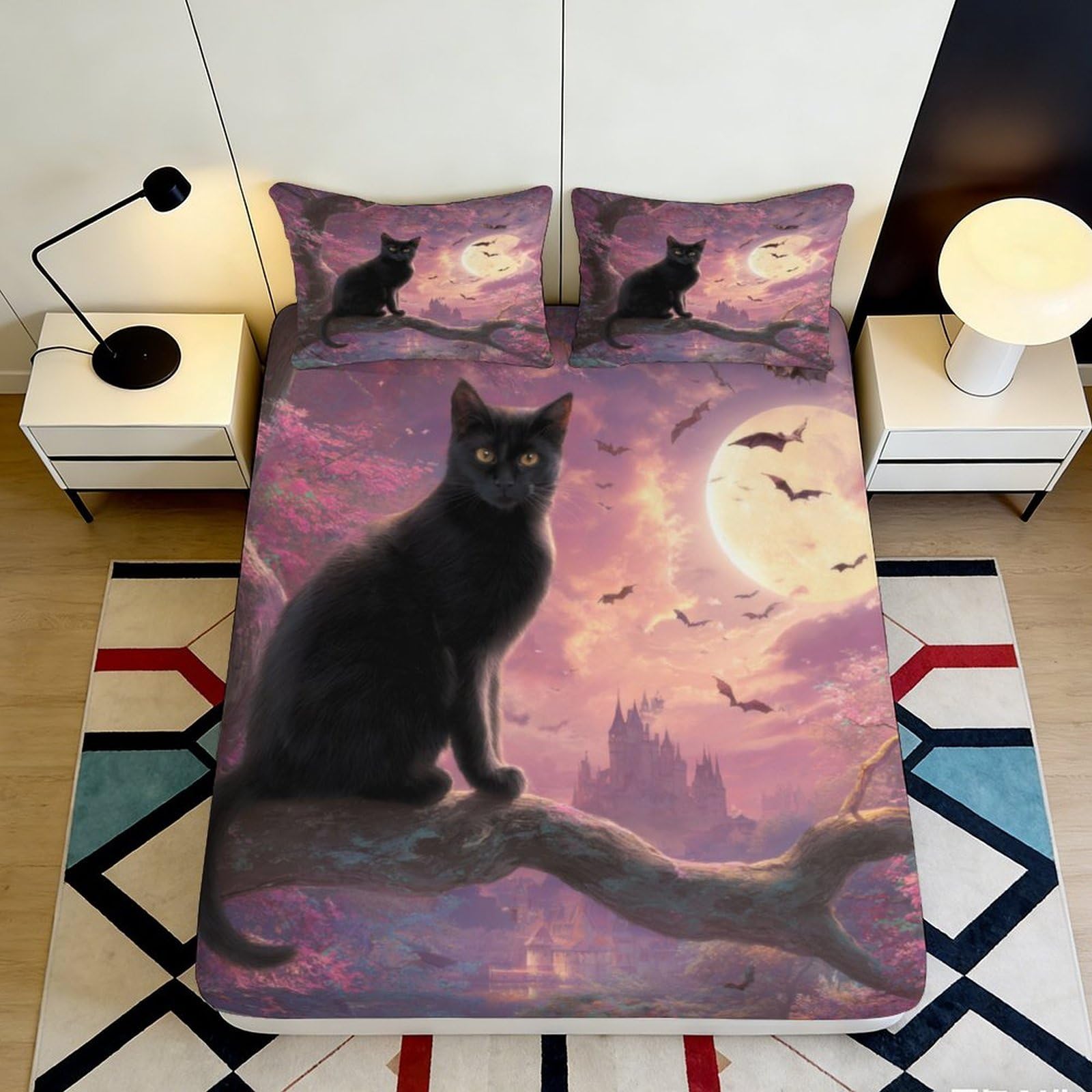 3D Printed Black Cat Moon Fitted Sheet Microfiber Soft Bedroom Decor Mattress Cover for Adult Teen Bed 90x200x25cm