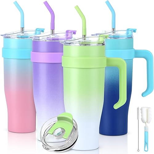 Vaso de 40 onzas con asa y tapa con pajilla, botellas de agua de acero inoxidable aisladas, taza de viaje para café a prueba de fugas, vasos de
