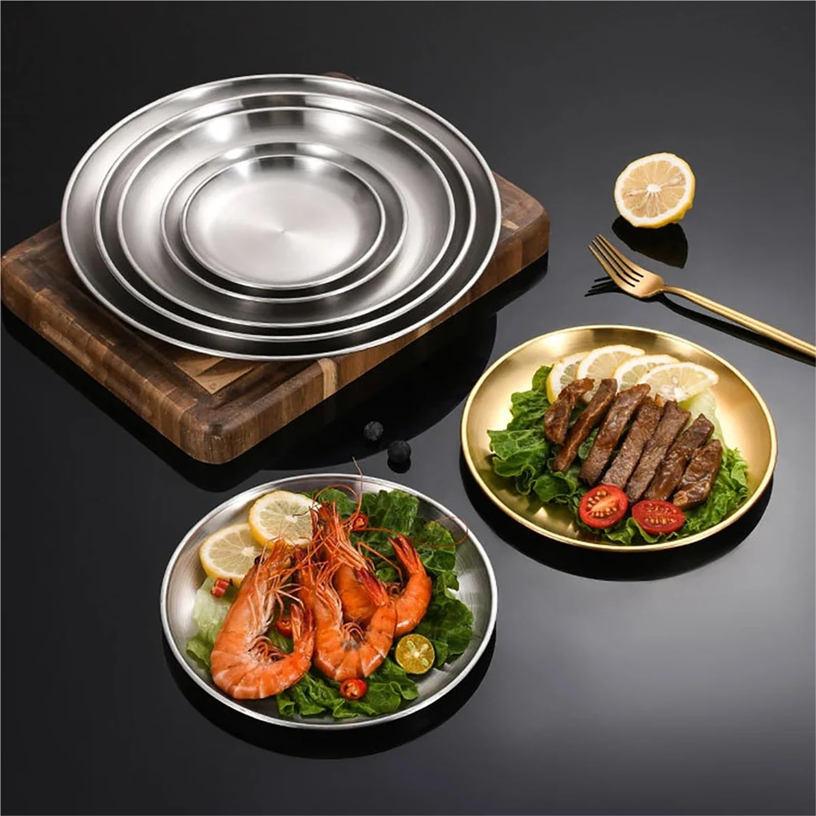 Bandeja de Servicio de Acero Inoxidable Juego De 6 Platos Acero Inoxidable For Pollo Frito, Barbacoa, Carne, Verduras, Frutas, Bandeja Almacenamiento For Fiestas(30cm Gold)