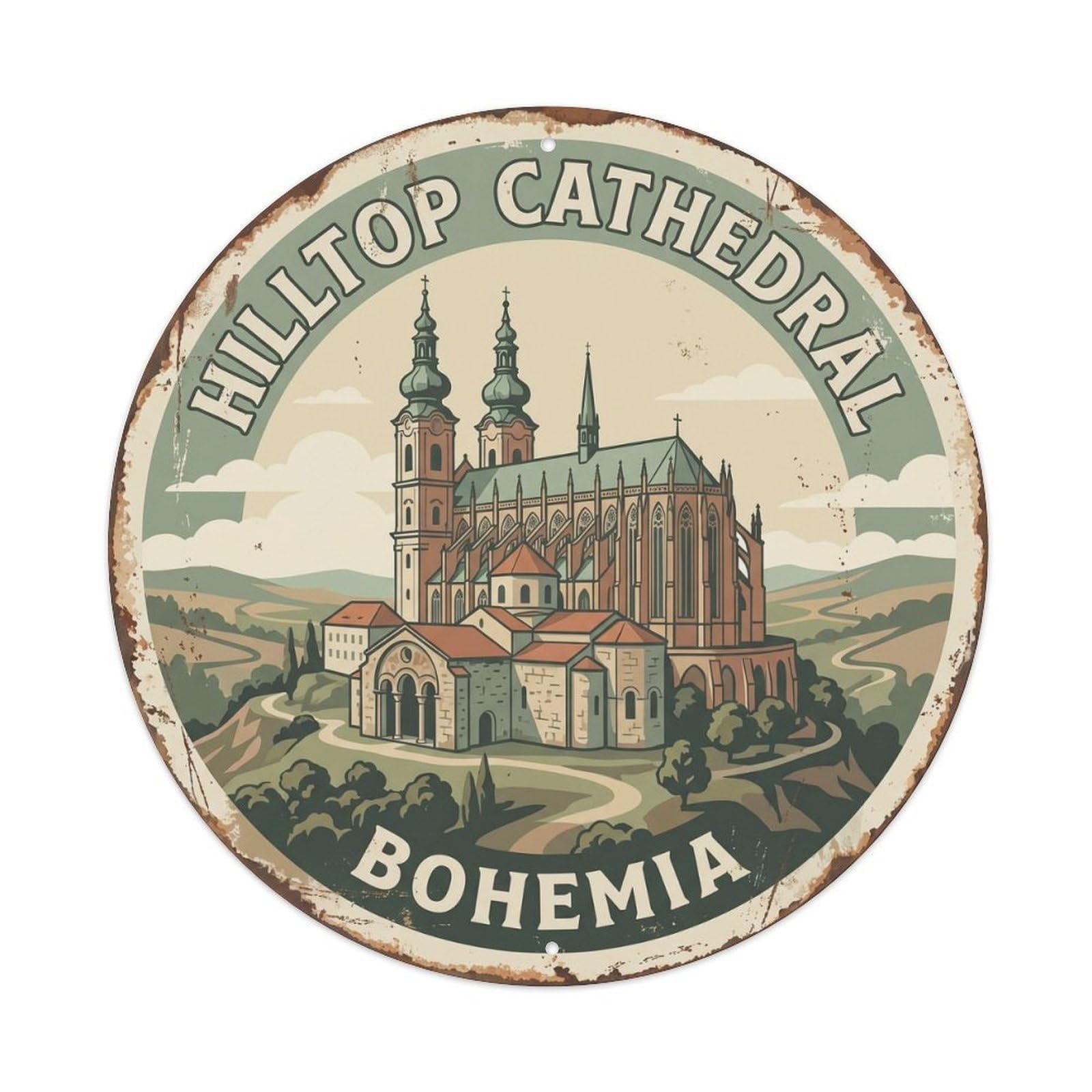 Vintage Travel Hilltop Cathedral Bohemia Metal Tin Sign Plaque Wall Decor for Cafe, Club, Garden Round Metal Poster 8x8Inch