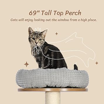 KAMABOKO 69H Tall Wood Cat Tree, Large Cat Tower Multi-Level Platforms with Sisal Scratching Posts, Cat Condo for Large Cats 20 lbs Heavy Duty (69 H Wood Brown)