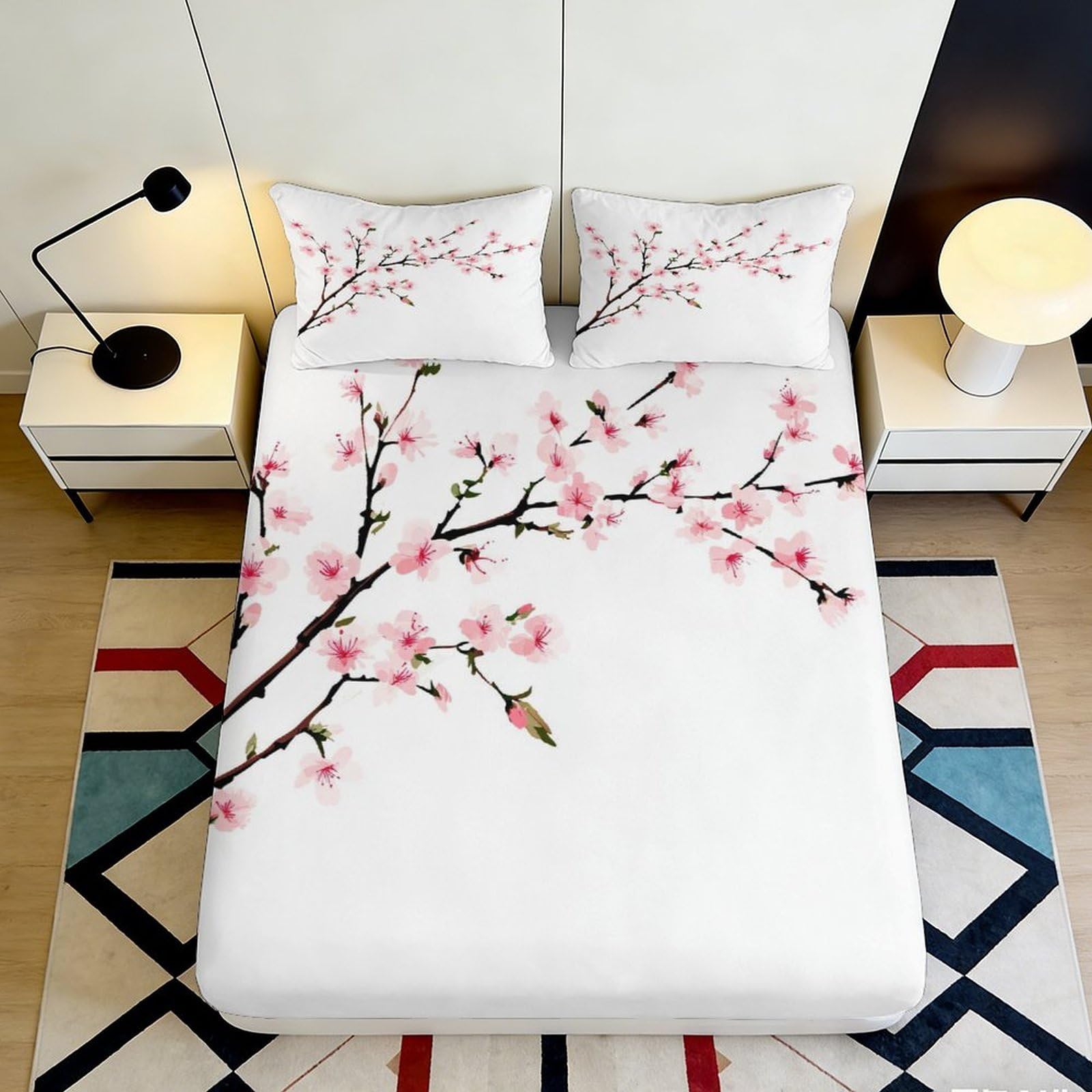 3D Printed Cherry Blossom Fitted Sheet Microfiber Soft Breathable Floral Branch Bed Cover for Bedroom Dormitory Guest Room Mattress Protection 90x200x25cm