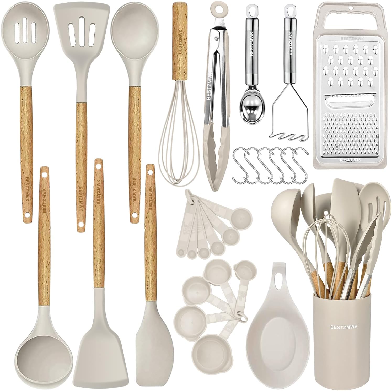 Kitchen Cooking Utensils Set,29 pcs Non-Stick Silicone Cooking Kitchen Utensils Set with Holder, Wooden Handle Silicone Kitchen Gadgets Utensil Set Spatula Turner Spoon Tongs Whisk (Khaki) Kitchen Cooking Utensils Set,29 pcs Non-Stick Silicone Cooking Kitchen Utensils Set with Holder, Wooden Handle Silicone Kitchen Gadgets Utensil Set Spatula Turner Spoon Tongs Whisk (Khaki)
