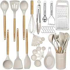 Kitchen Cooking Utensils Set,29 pcs Non-Stick Silicone Cooking Kitchen Utensils Set with Holder, Wooden Handle Silicone Kitchen Gadgets Utensil Set Spatula Turner Spoon Tongs Whisk (Khaki)