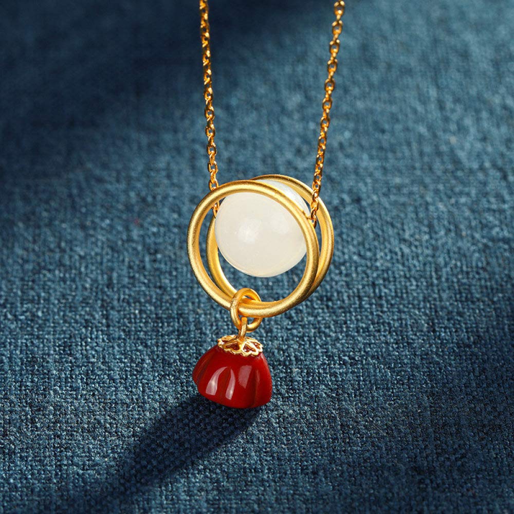 La Plata Esterlina 925 Mujeres del Collar Retro Bañado En Oro Rojo Ágata Lotus Moda Estilo Chino Simple Encanto Hombres Dar Novia Regalo