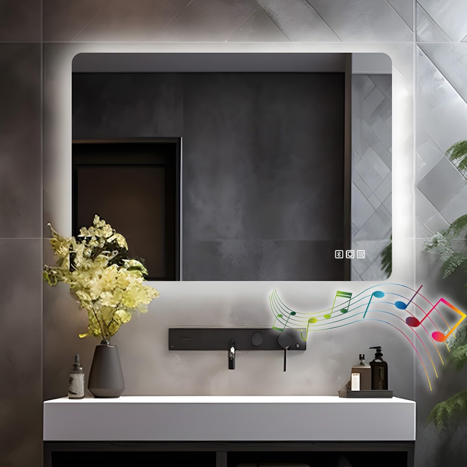 LISA Espejo de baño LED con luz iluminación 80 x 60 cm, Grande Espejo luz con Enchufe y Bluetooth, Regulable, 3 Colores iluminación Ajustable, antivaho, Espejo de Pared para baño, Inodoro, Pasillo
