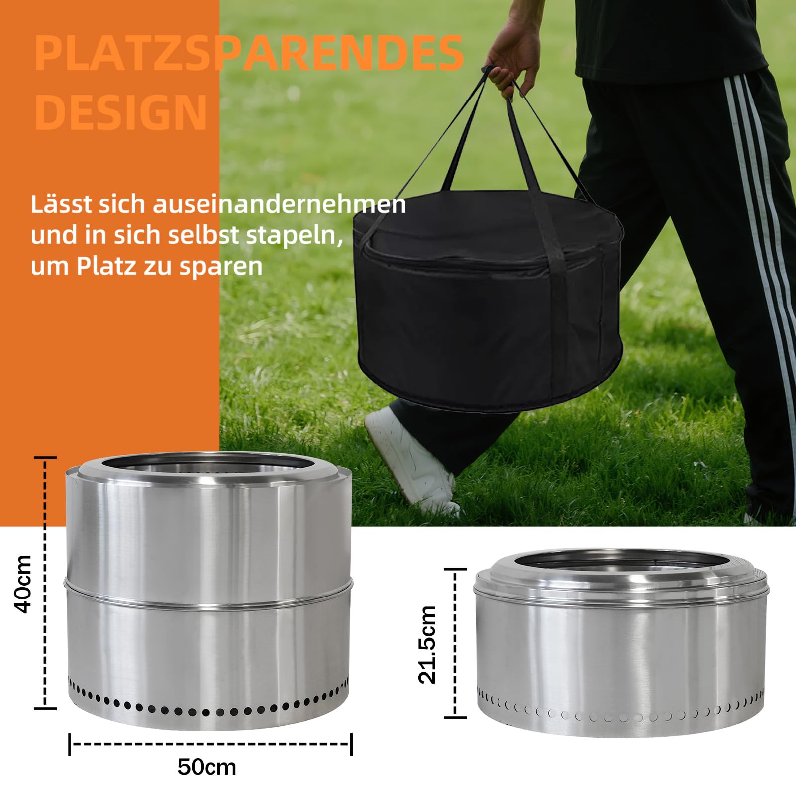 Feuerschale Edelstahl 50cm, Rauchfreie Feuerschale mit Grillrost, Aufbewahrungstasche, Abnehmbarer Aschekasten, Feuertonne, Tragbare Feuerstelle für Den Garten, Terrasse Balkon (Style 2)