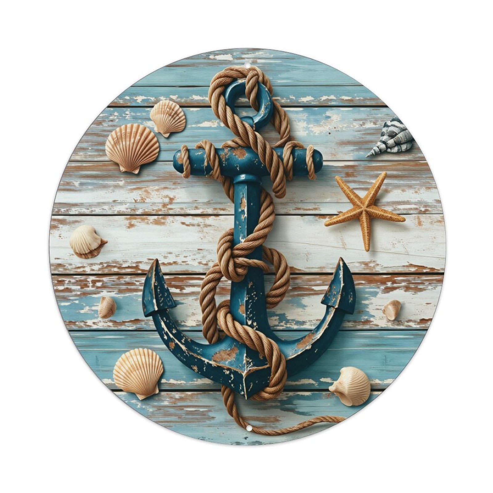 Anchor Rope Shell Starfish Wood Round Tin Sign Vintage Metal Poster, Home Bar Garage Man Cave Cafe Indoor & Outdoor Wall Decoration 8x8Inches