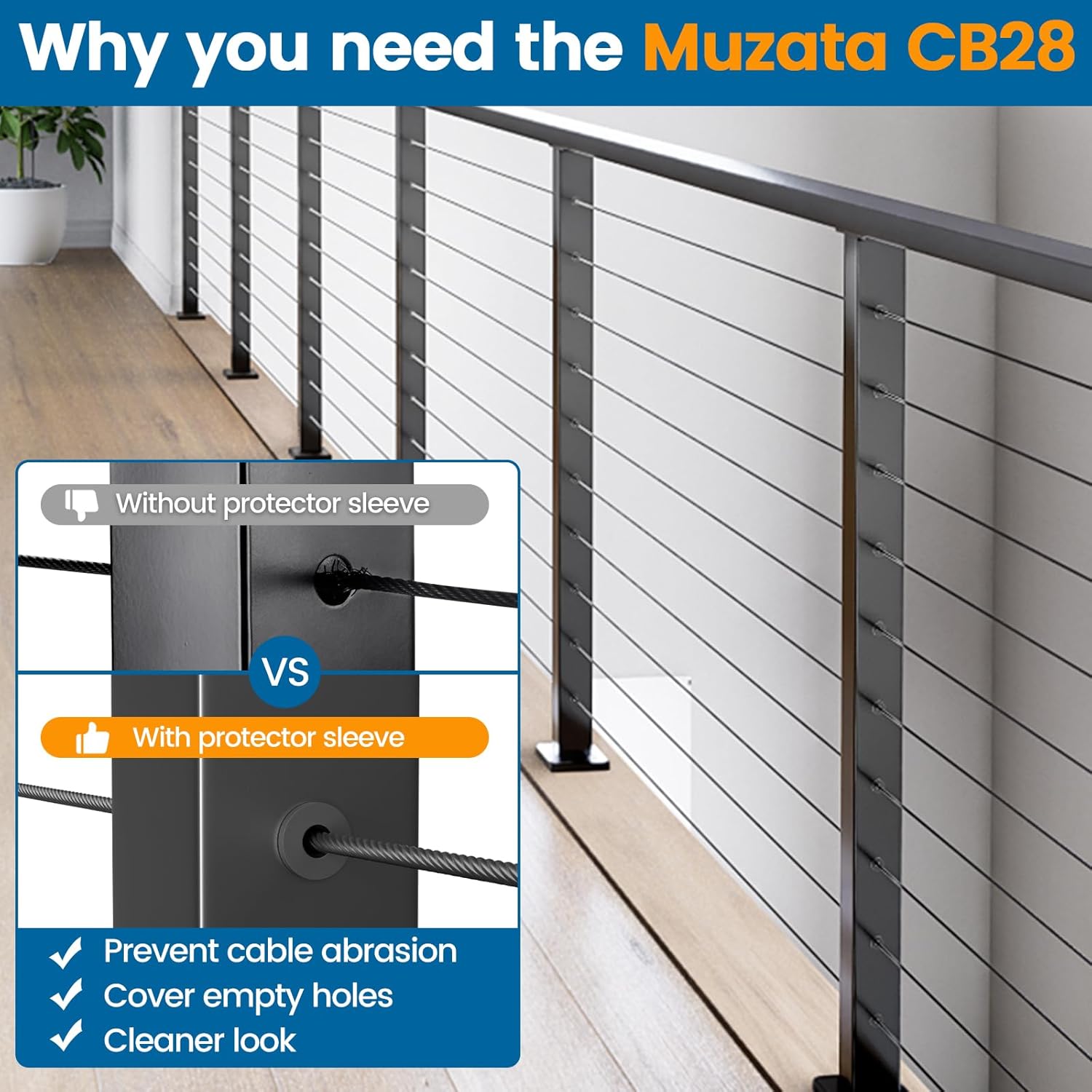 Muzata 20 Pack 1/8" Black Cable Railing Hardware CR36 Bundle 100 Pack Cable Railing Protector Sleeves CB28