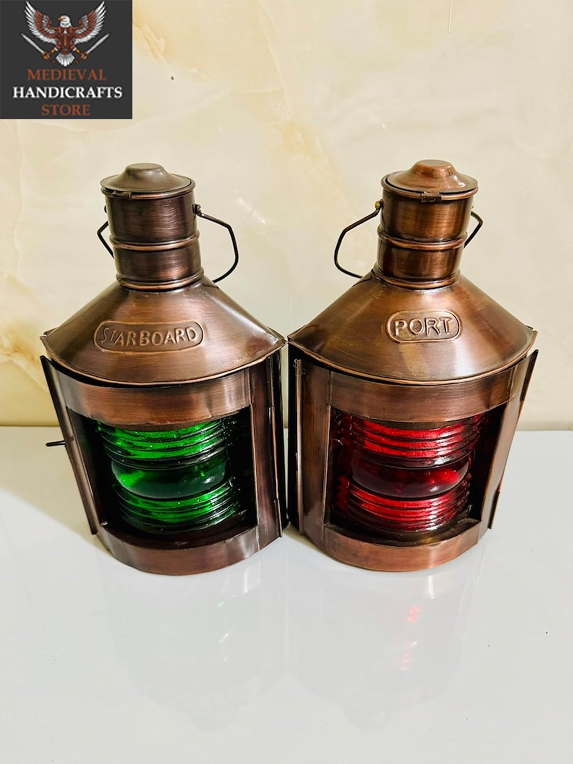 Set of 2 Starboard & Port Retro Ship Kerosene Oil Lamps, Vintage Lantern for Garden Decor, Copper Red & Green, US511