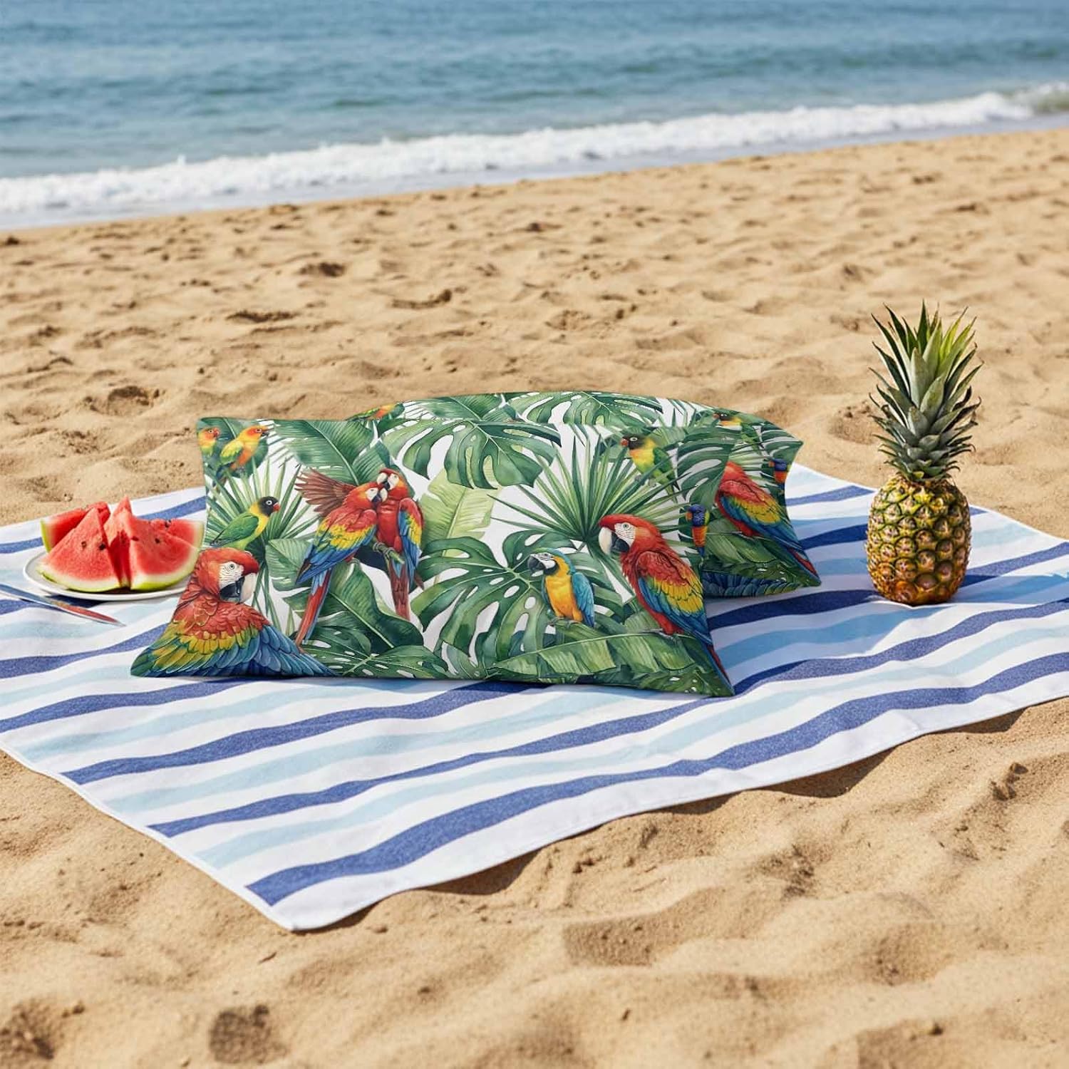 Colored Parrot Outdoor Pillow Covers 20 x 12 inch Set of 2 Oil Painted Tropical Parrot Green Leaf Waterproof Throw Pillow Cover Cushion Case for Home Outside Patio Furniture Garden Porch