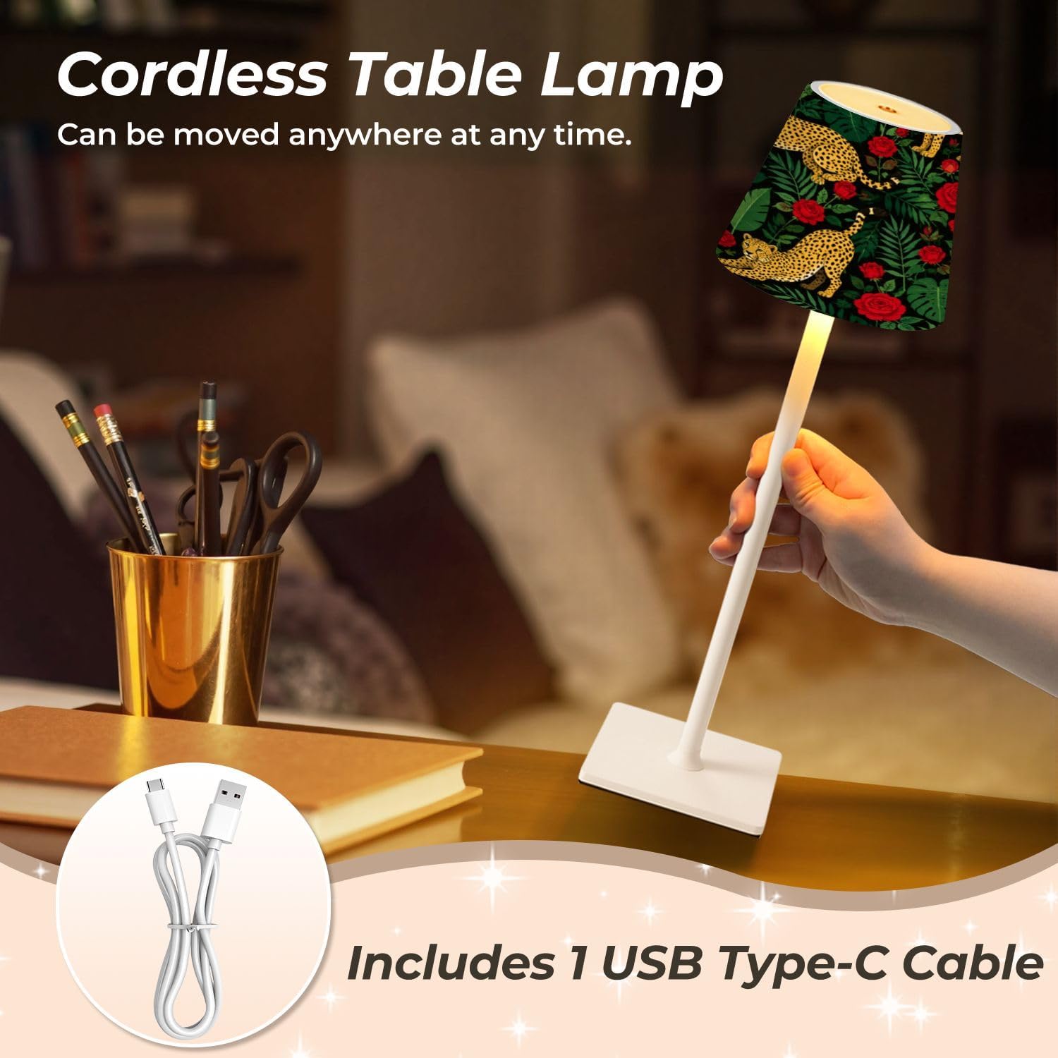 Mahjong Cordless Table Lamp Vestor Seamless Leopards Tropical Leaves Roses Trendy Style LED Desk Lamps Rechargeable 3 Color Dimming Outdoor for Mah Jong Table Nightstand Living Room Gift image 5
