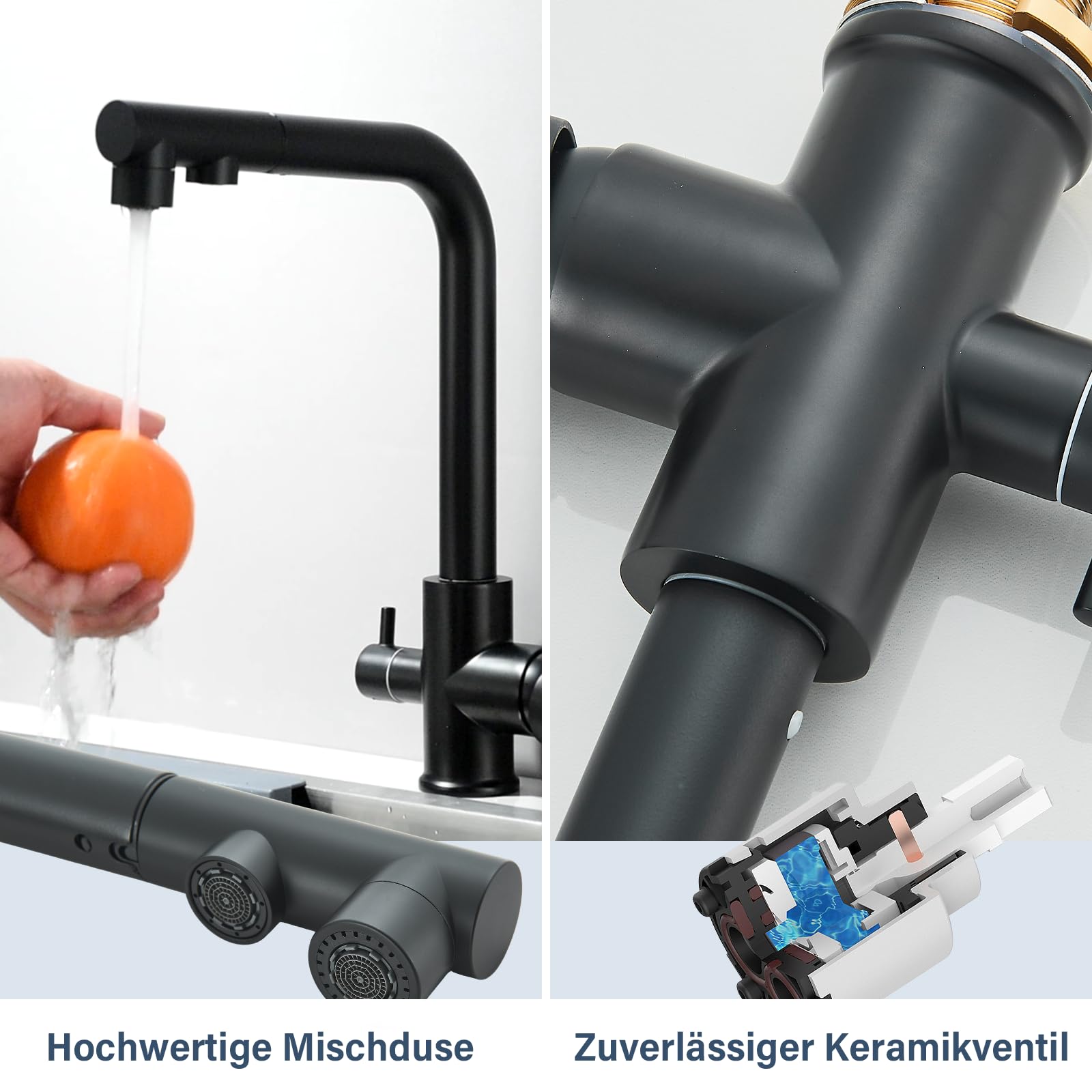 3 Wege Wasserhahn Küche Küchenarmatur 360° Schwarz Schwenkbar Ausziehbar Spültischarmatur 3 in 1 Mischbatterie Küche für Wasserfilter,Trinkwasserhahn mit 2 Hebel ABS Kunststoffdüse