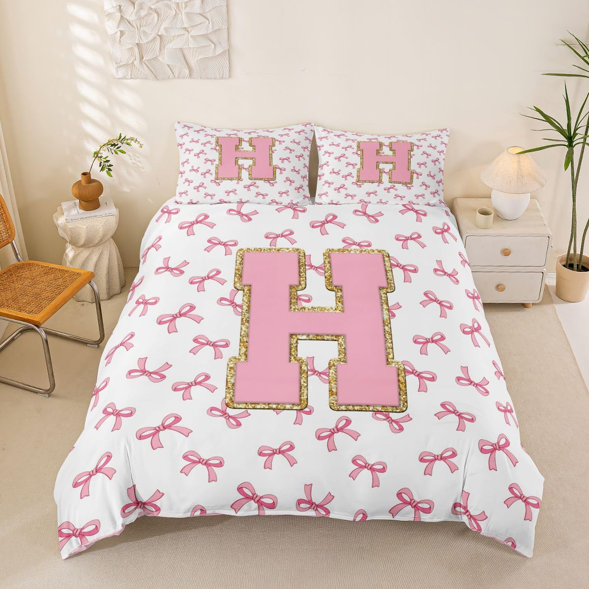 Housse de couette 220x240cm rose et nœud papillon pour une chambre cosy et douce