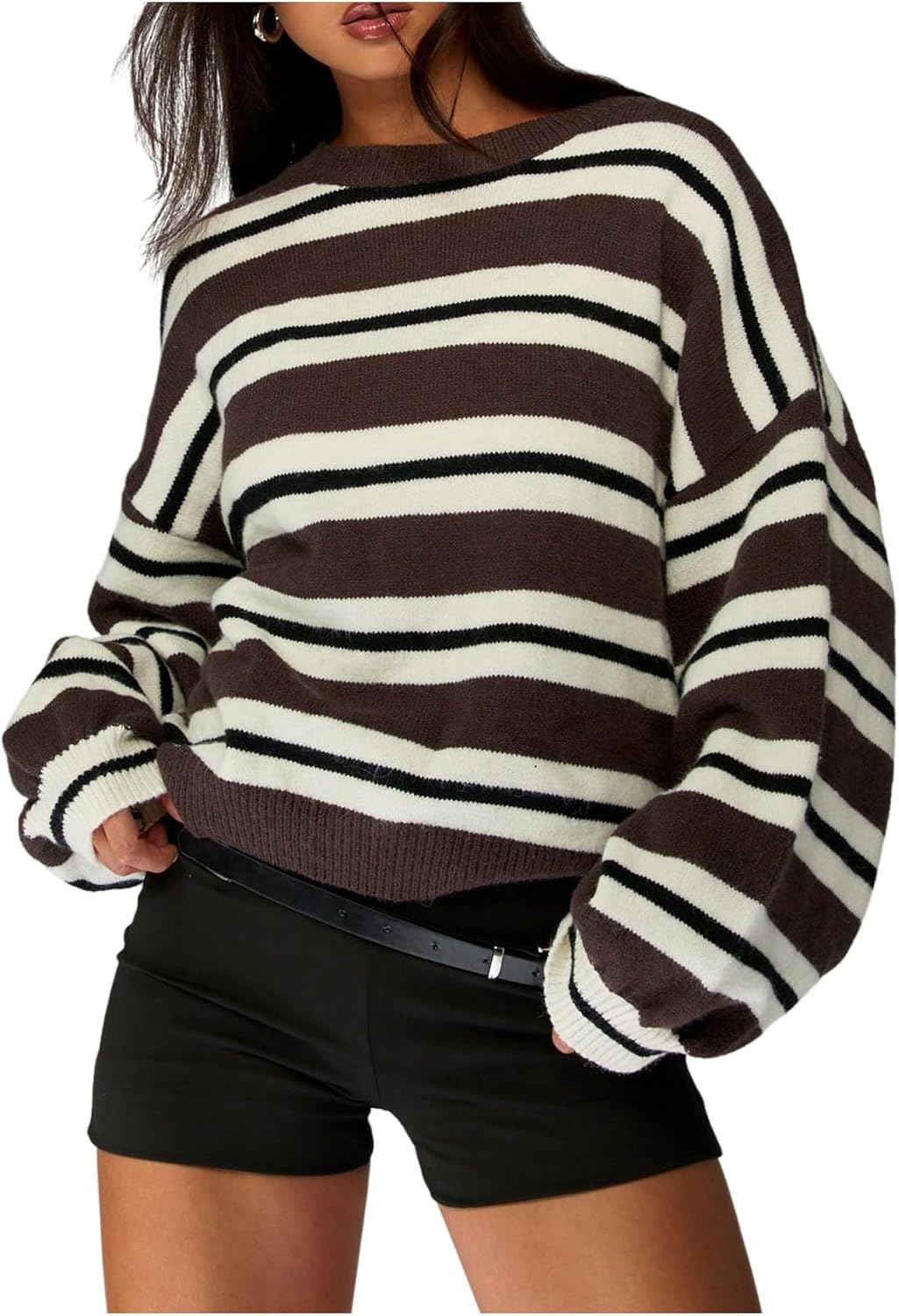 SHENHE Women's Oversized Sweater Striped Crewneck Drop Shoulder Fall Knit Pullover Sweater