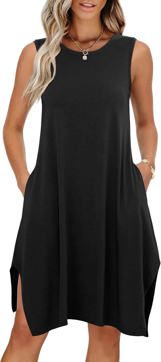 ANRABESS Womens Summer Casual Beach Cover Up Dress Sleeveless Asymmetric Hem Flowy Vacation Cruise Short Sundress