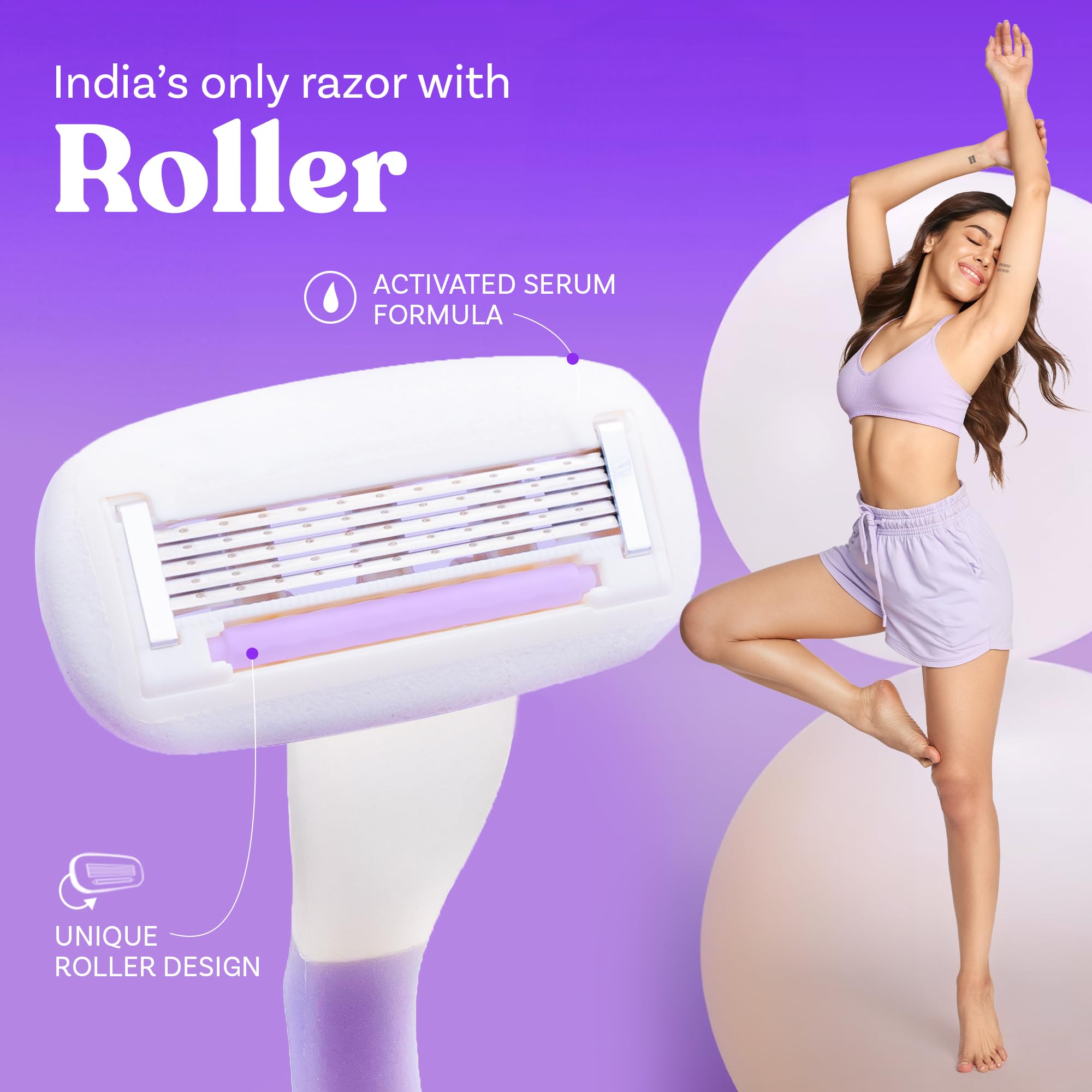 Bombae Rollplay Glow Body & Bikini Razor | With 1 Refill| |India'S Only Razor With Roller | Aloe Vera, Vit E, Jojoba Oil Infused | 2X Smoother And Long Lasting | Curve-Friendly, Smooth & Hassle-Free
