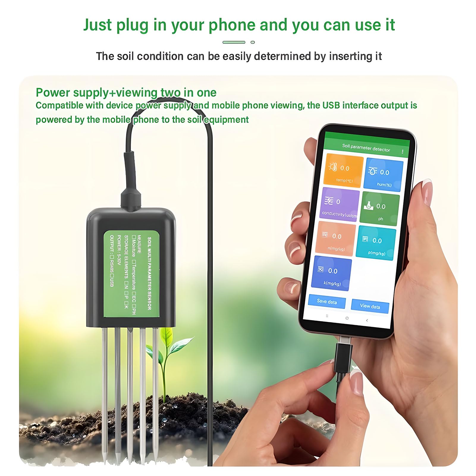 Tester gleby 7 w 1, czujnik gleby USB z pH, wilgotność, pomiar temperatury, wodoodporność IP68, kompatybilny z urządzeniami z systemem Android do ogrodnictwa i rolnictwa