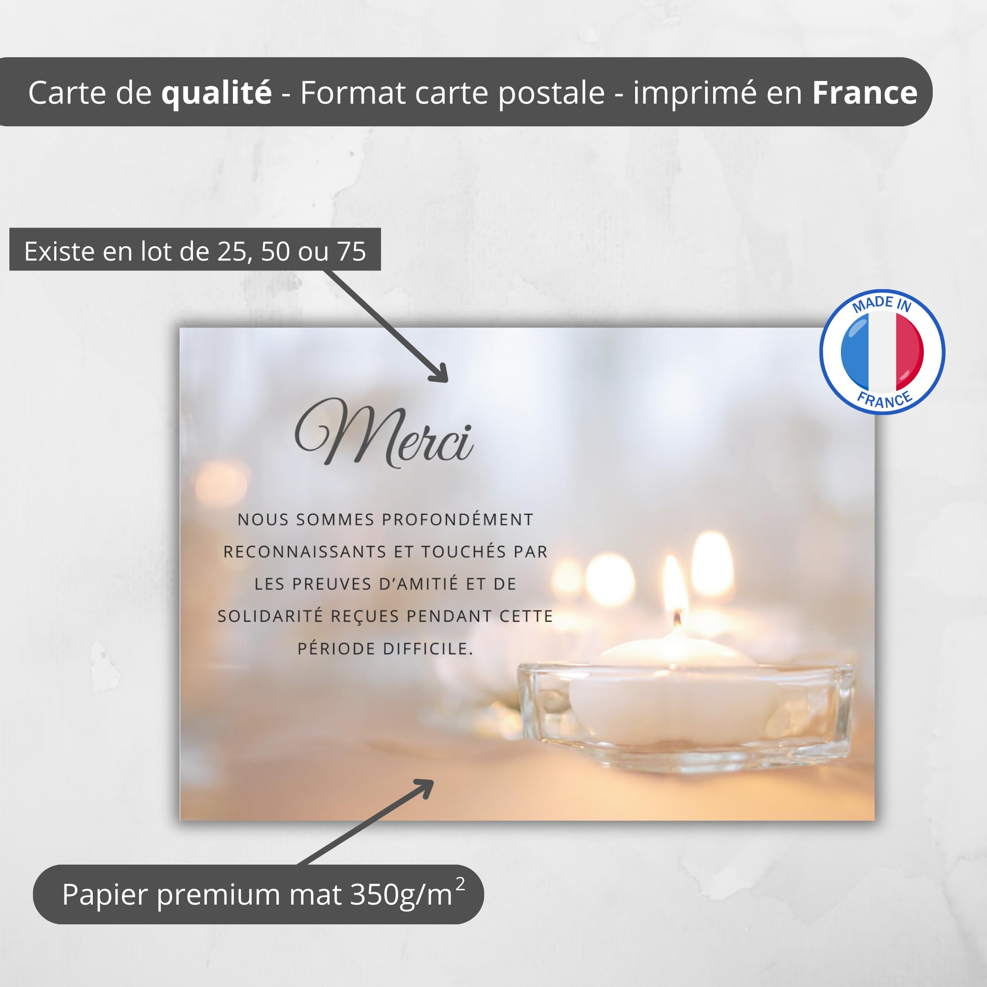 Biglietti ringraziamento lutto – Set di 75 biglietti + 75 buste bianche, condoglianze, morti ossessanti o funerali, carta opaca di qualità, formato cartolina (14,8 x 10,5 cm), design sobrio ed