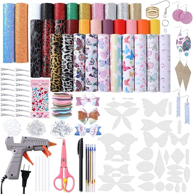 Leather Bow Earring Making Kit Include 6 Kinds Faux Leather Sheets Hair Clips Scissor Bow and Earring Template Hot Melt Glue Gun with Glue Stick Hair Ties Earring Backs and Hooks Diamond Stickers