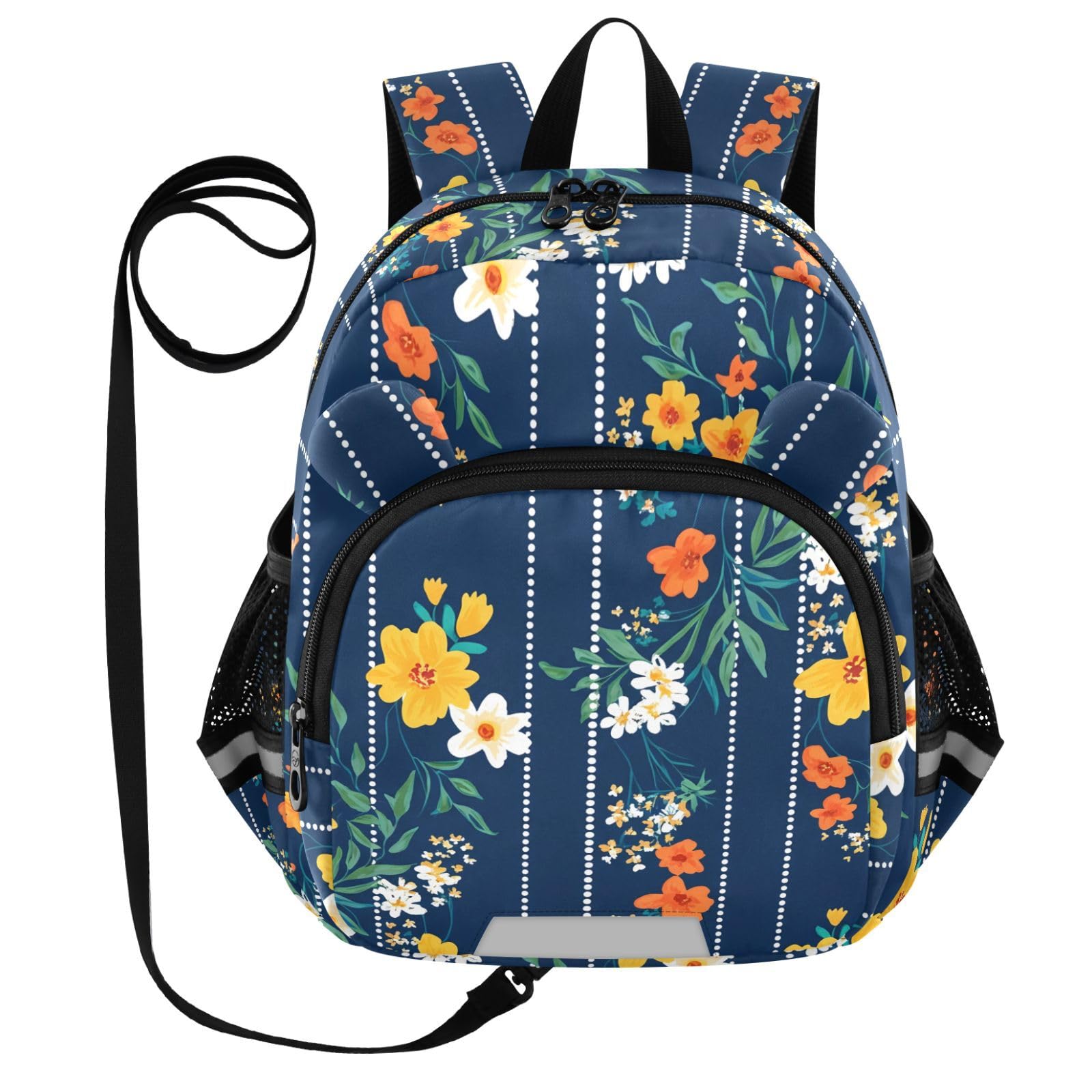 Floral Stripe Pattern Navy Toddler Harness Backpack for Boys Girls 3-6 Years Kids Backpack with Anti Lost Safety Leash Baby Harness Bookbag for Travel Walking Preschool