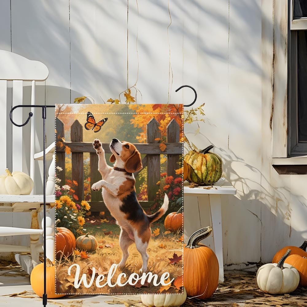 Welcome Fall Garden Flag 12x18 Inch Beagle Garden Flags Double Sided Vertical Outside Patio Burlap Autumn Pumpkin Small Beagle Hound Decor Villa Yard Lawn Thanksgiving Decoration - Image 2