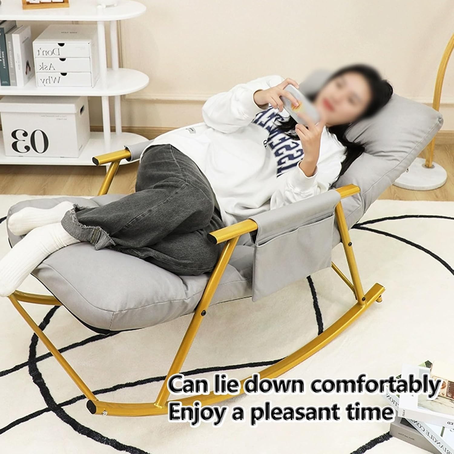 Comfortable Rocking Chair For Living Room,cushion Breathable Lounger For Bedroom,Modern Armrests Garden Rocking Chair With Legrest, Adjustable Backrest,With Side Pockets,Anti-tipping Design.