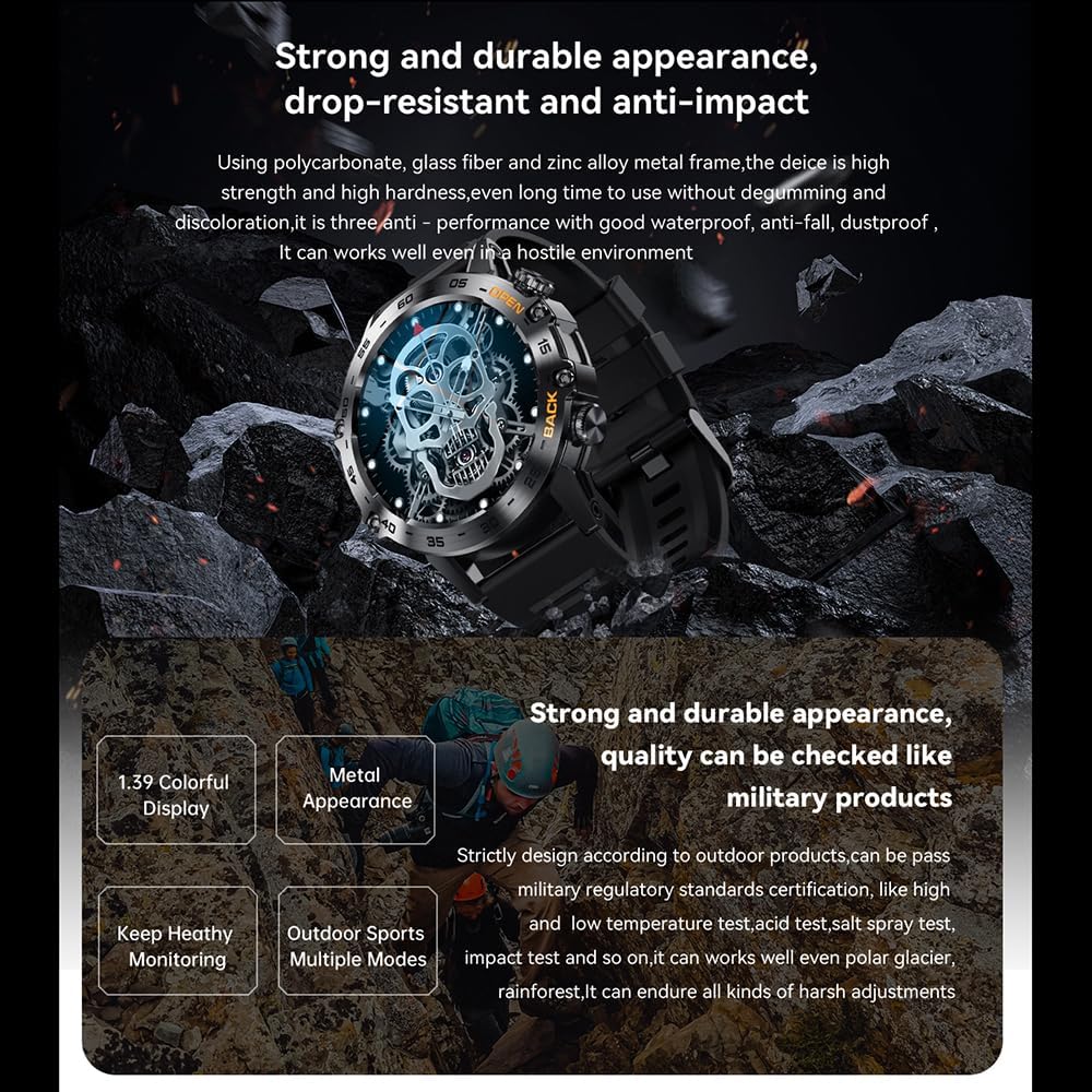Image showing the K52 Smart Watch's durable construction and its ability to withstand harsh environments, with text 'Strong and durable appearance, drop-resistant and anti-impact'.