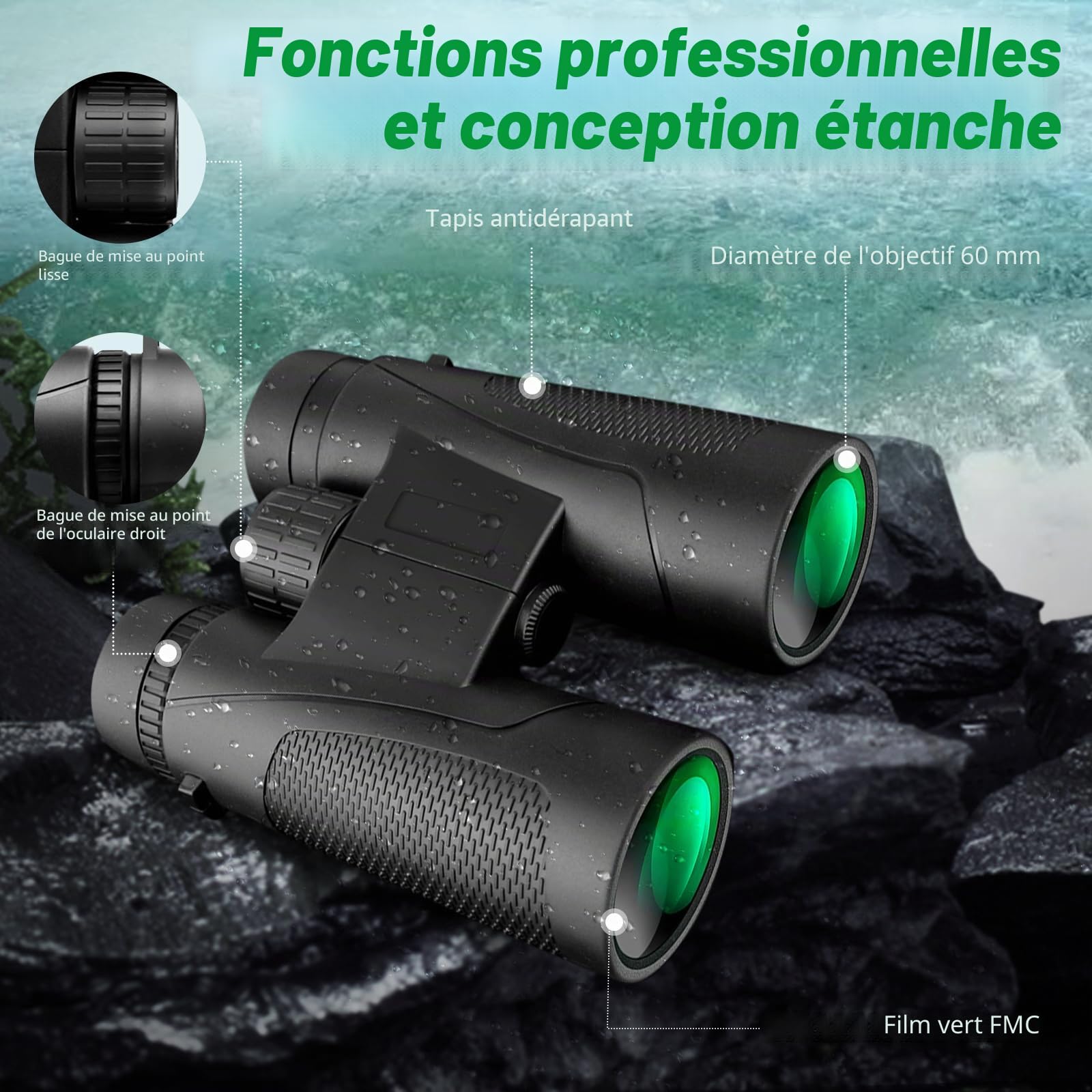 Jumelles compactes 12 x 42 HD BAK4 HD, objectif FMC étanches pour observation des oiseaux, chasse, voyage, randonnée, tourisme, noir