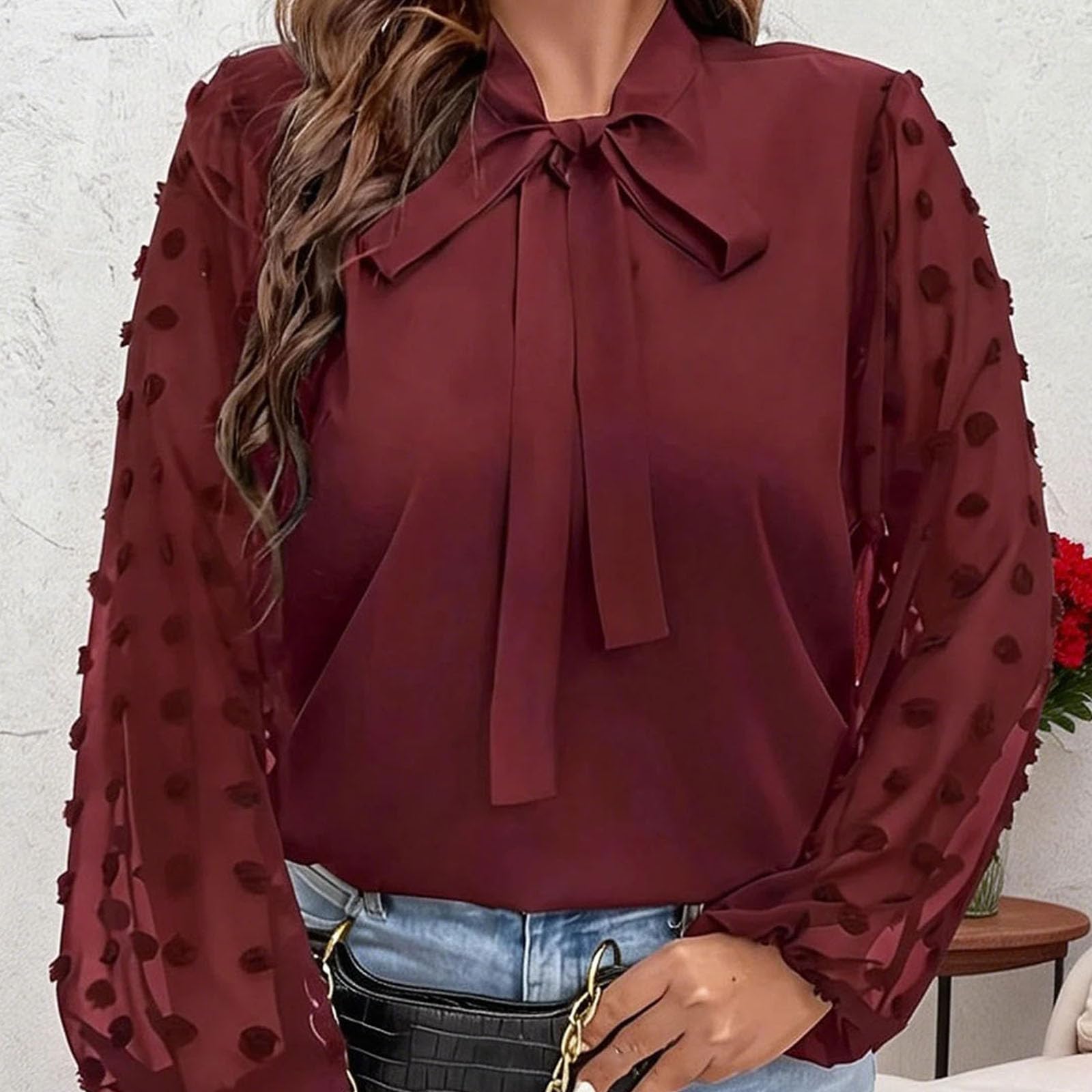 Camisa de manga larga para mujer, cuello con lazo, elegante, color liso, para oficina, uso diario