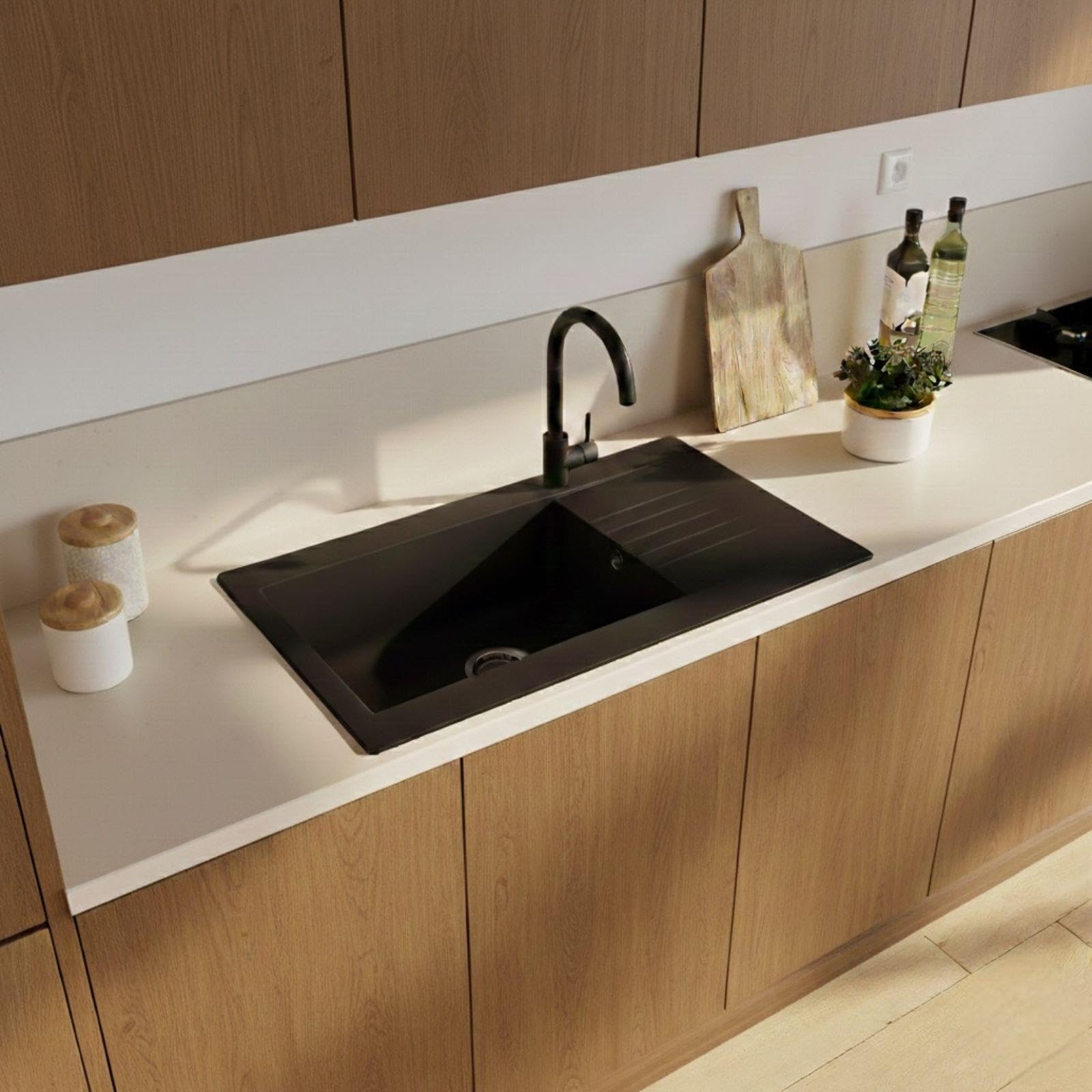 LD1BL – Fregadero de cocina 1 seno XL con escurridor reversible – Composite negro – Empotrable – 86 x 50 x 20 cm