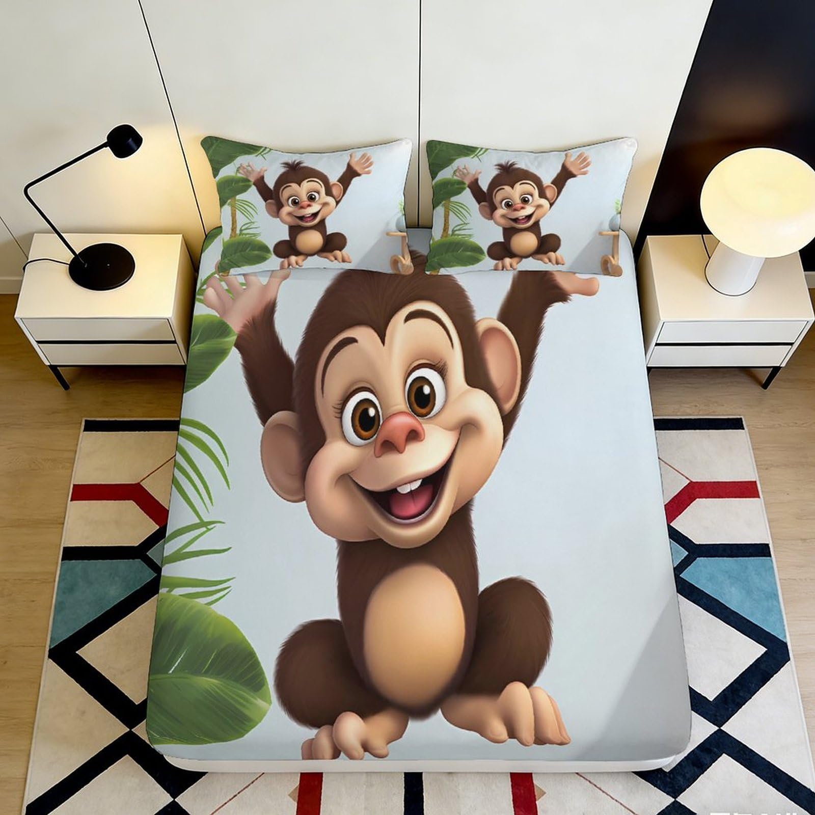 3D Printed Cartoon Monkey Fitted Sheet Microfiber Deep Pocket Non-Slip Bedroom Bedding Cartoon Monkey Mattress Fitted Cover Wrap 200x200x25cm