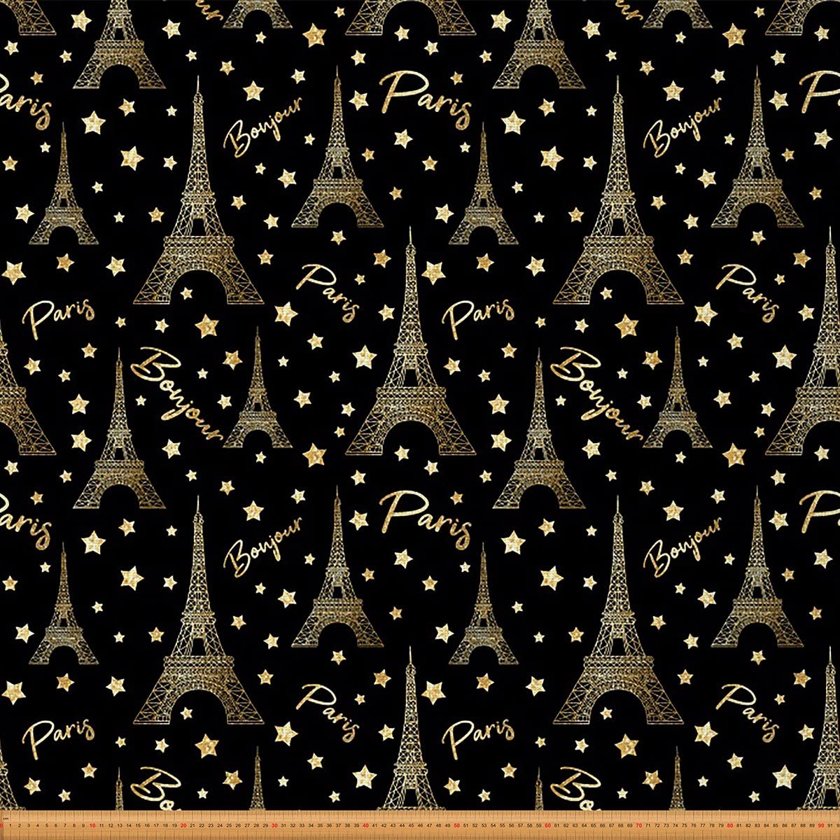 Eiffel Tower Upholstery Fabric for Chairs,Chic Paris Cityscape Modern French Outdoor Fabric by The Yard,Luxury Twinkle Stars Fabric for Upholstery and DIY Projects,5 Yards,(L460*W150cm) Black Golden