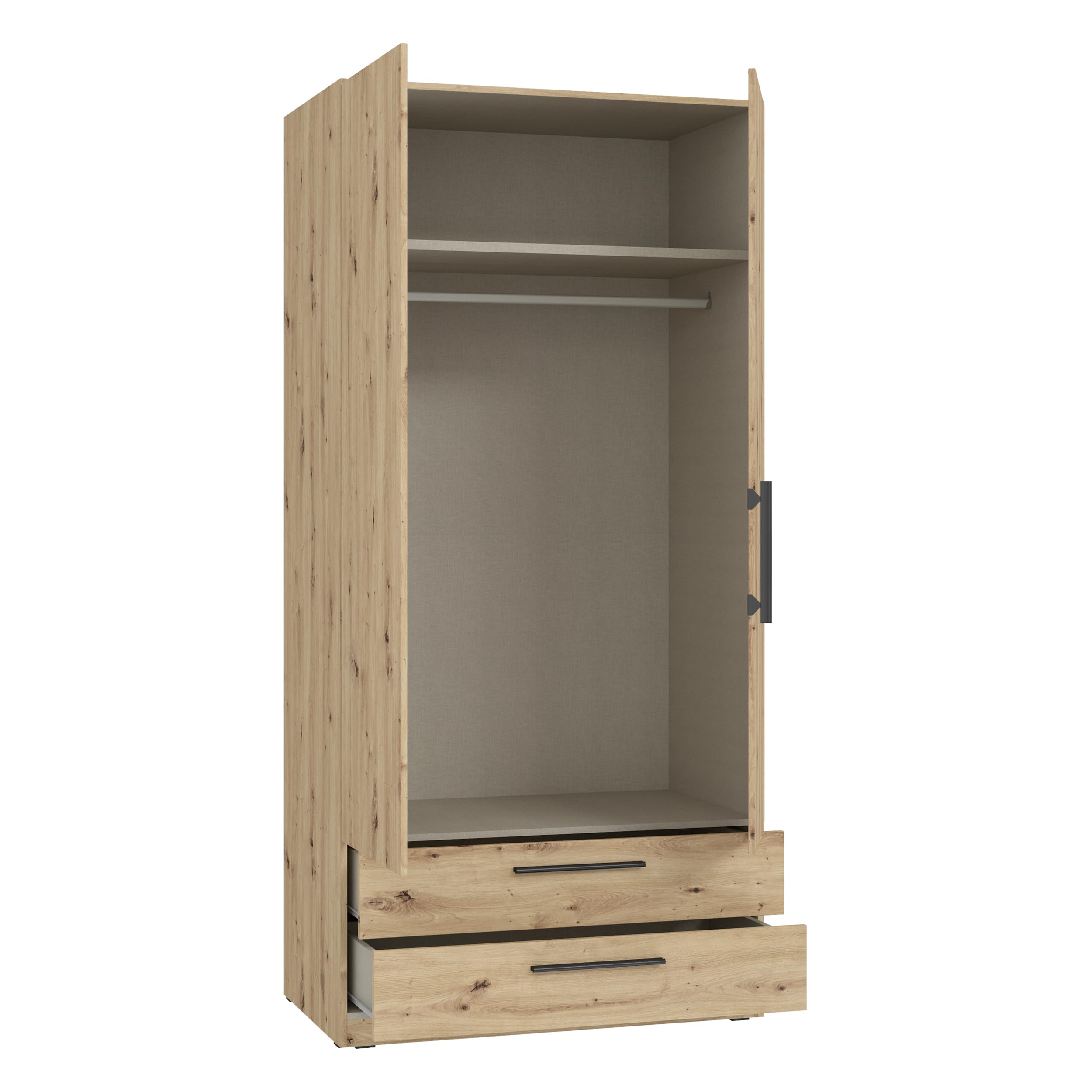 Forte CADIXO Kleiderschrank 100, klassischer Schrank mit Zwei Drehtüren und 2 Schubladen, Holzwerkstoff, Artisan Eiche Dekor, 100,9 cm breit, 212,9 cm hoch, 58,9 cm tief