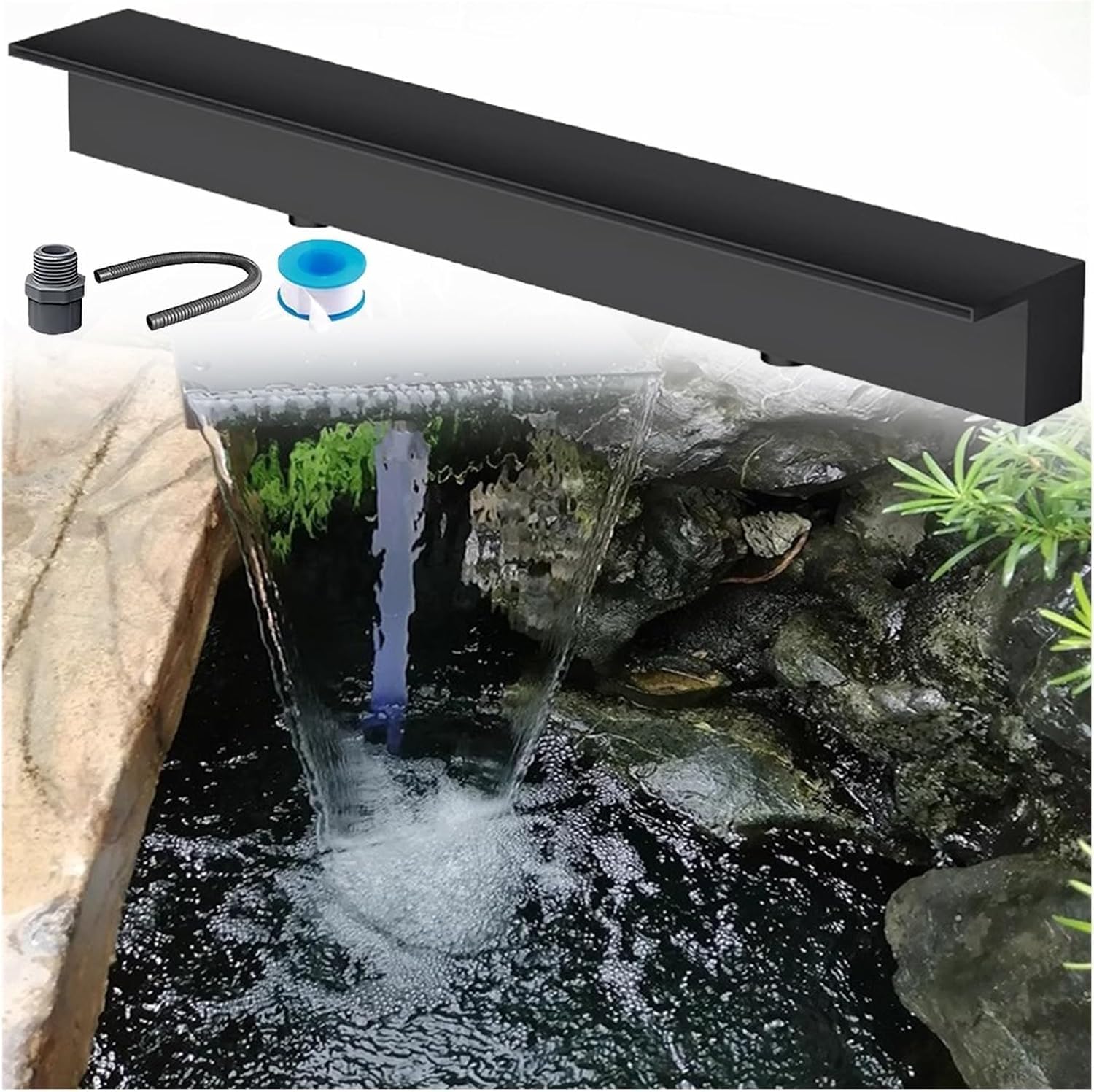 Kit per laghetto a cascata in acciaio inox, 40 cm, per decorazione di giardini e terrazze, ideale per stagni esterni, cascate d'acqua (nero)