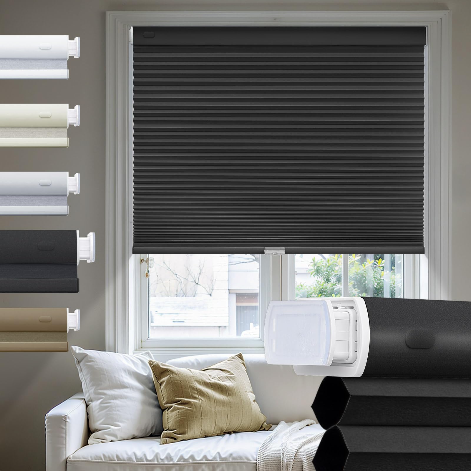 Moonice No Drill Cellular Pleated Blinds for Windows Cordless Cellular Blinds Blackout Color-Matched Thermal Insulated Shades 3.8cm Honeycomb Shade for Home (Black, 135cm W x 198cm H)