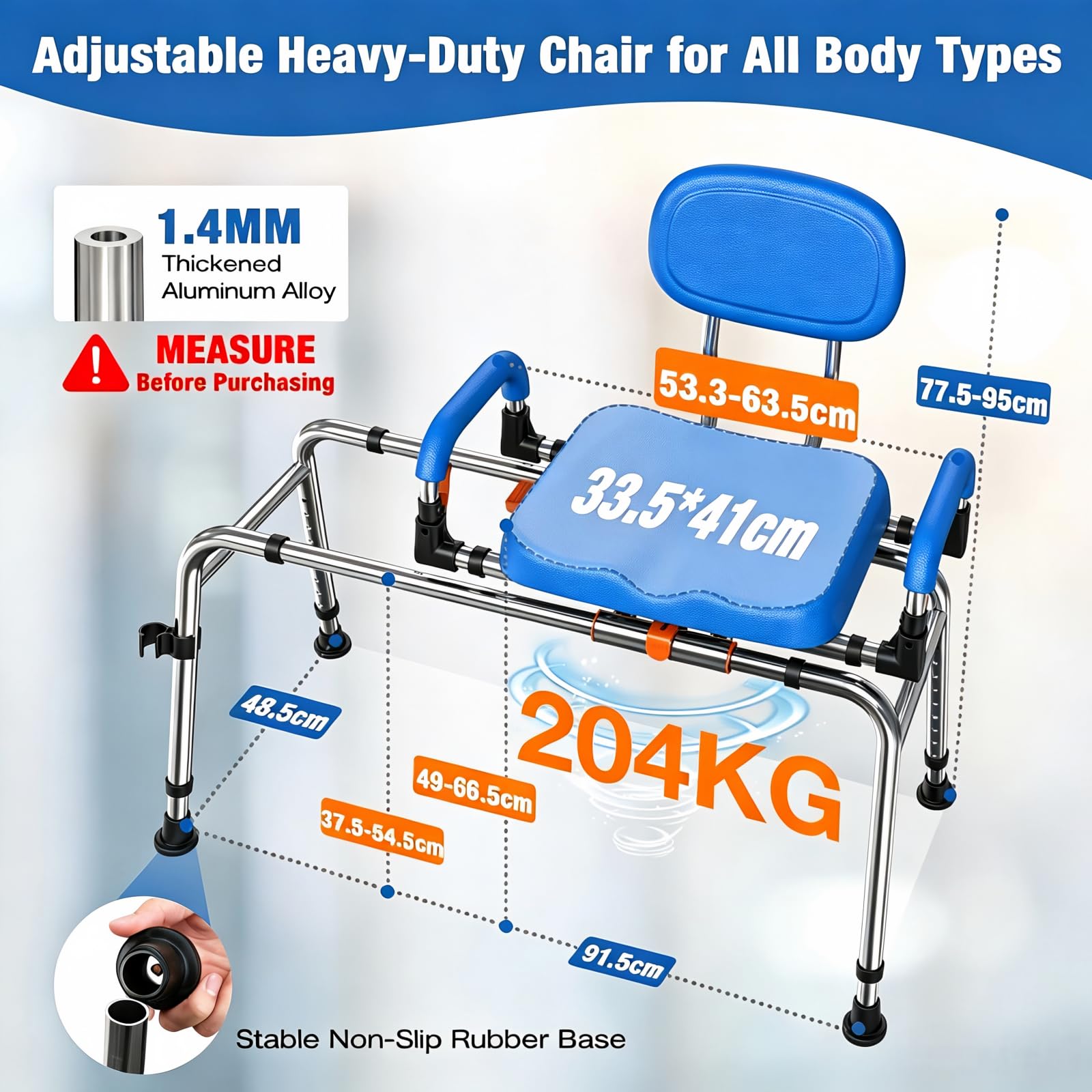 Silla de Ducha giratoria 360° y Deslizante. Soporta 204 kg | Marco de aluminio de grado aeronáutico 1,4 mm, carga 450 lbs. Altura y anchura ajustables, asiento giratorio 360°