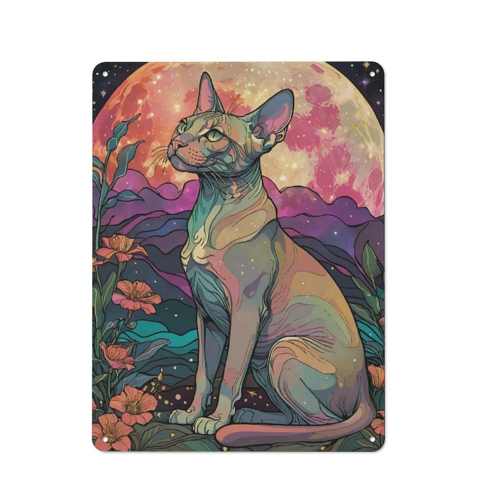 Junmoney Sphynx Cat Under The Moon Rustic Metal Sign 40X30cm For Living Room Wall, With Clear Rustic Wall Decor Character