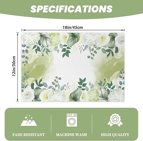 Miniatura 2 de AOFOTO Juego de 4 manteles individuales con estampado artístico de hojas verdes y flores blancas, manteles individuales rectangulares modernos para