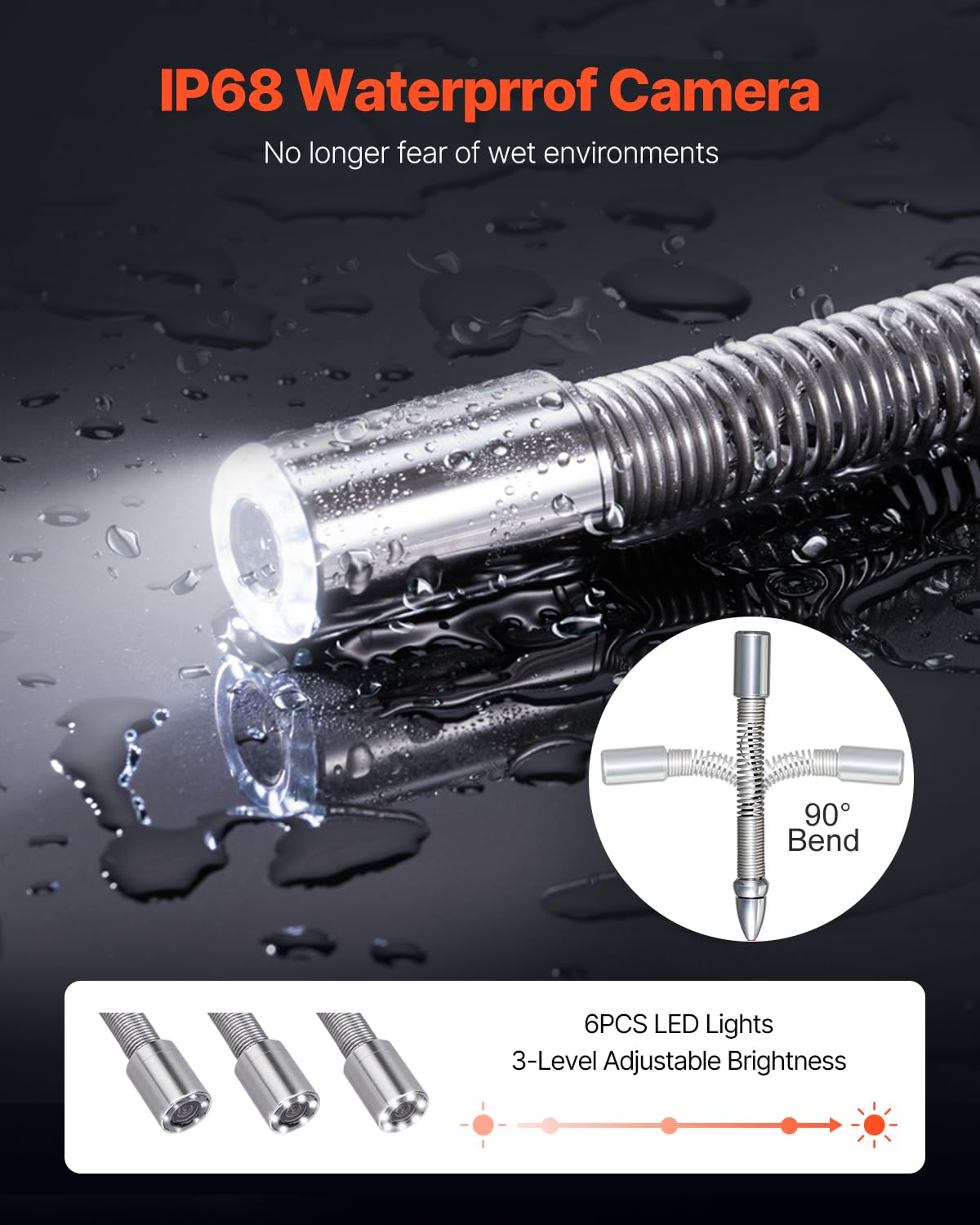 VEVOR Caméra Inspection Canalisation 50 m Endoscope Drain avec Écran 4,3'' avec Lumière 6 LED Réglables, Carte SD 16 Go, Zoom 3X, Vidéo, Étanche IP68, pour Conduit, Égout, Plomberie, Tuyaux, Maison