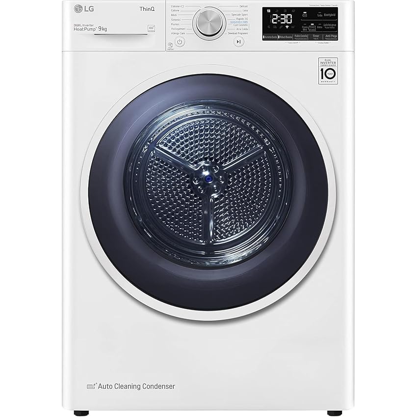 LG RH90V9AVHN Asciugatrice Smart a Carica Frontale 9 Kg, Classe C, Condensazione con Pompa di Calore, Wi-Fi con SmartThinQ, Eco Hybrid, Allergy Care, 60 x 69 x 85 cm - Bianco
