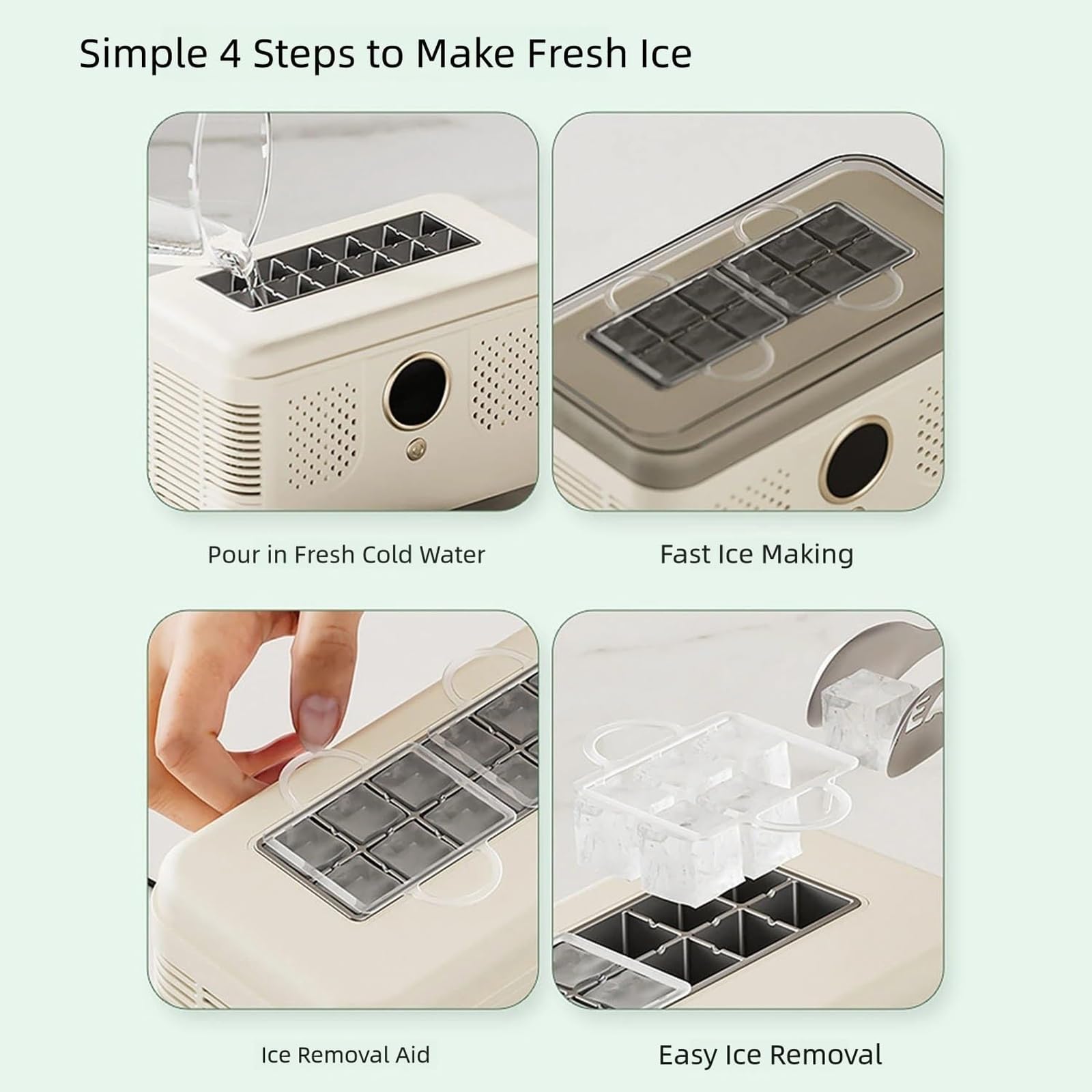 Fabricante de hielo portátil, 12 cubos en 15 minutos, unidad de encimera de cact para el hogar.Diseño De Bajo Ruido, Eficiente Energéticamente 150W.Ideal para Camping Travel RV.Tanque Extraíble Fácilm