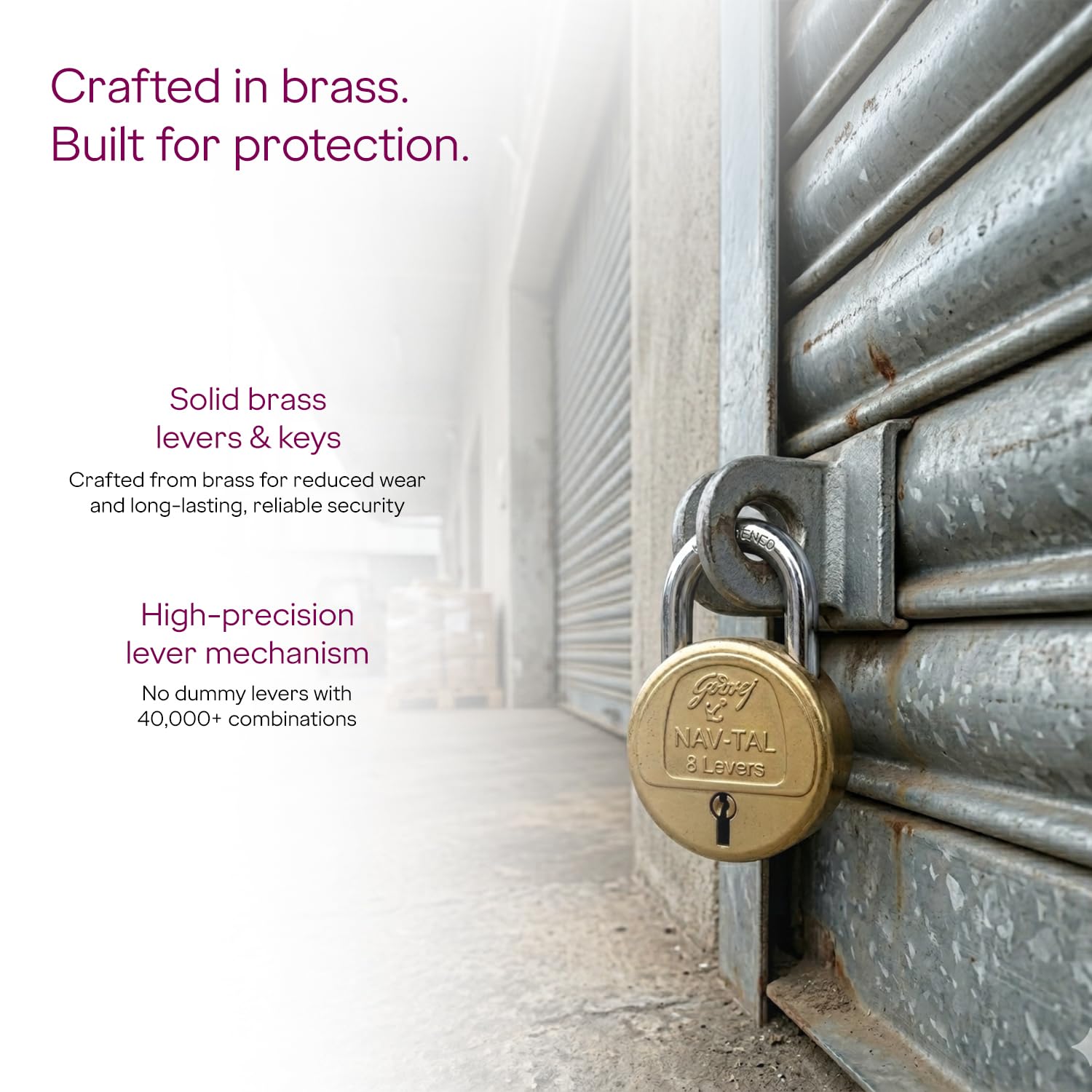 Godrej Locks | Navtal 8 Lever Brass Padlock 85mm with 3 Keys | Hardened Steel Shackle | Heavy Duty | for Main Door, Gates, Shutters, Warehouses, Offices & Industrial Use | 1 Year Warranty — Amazon image 4