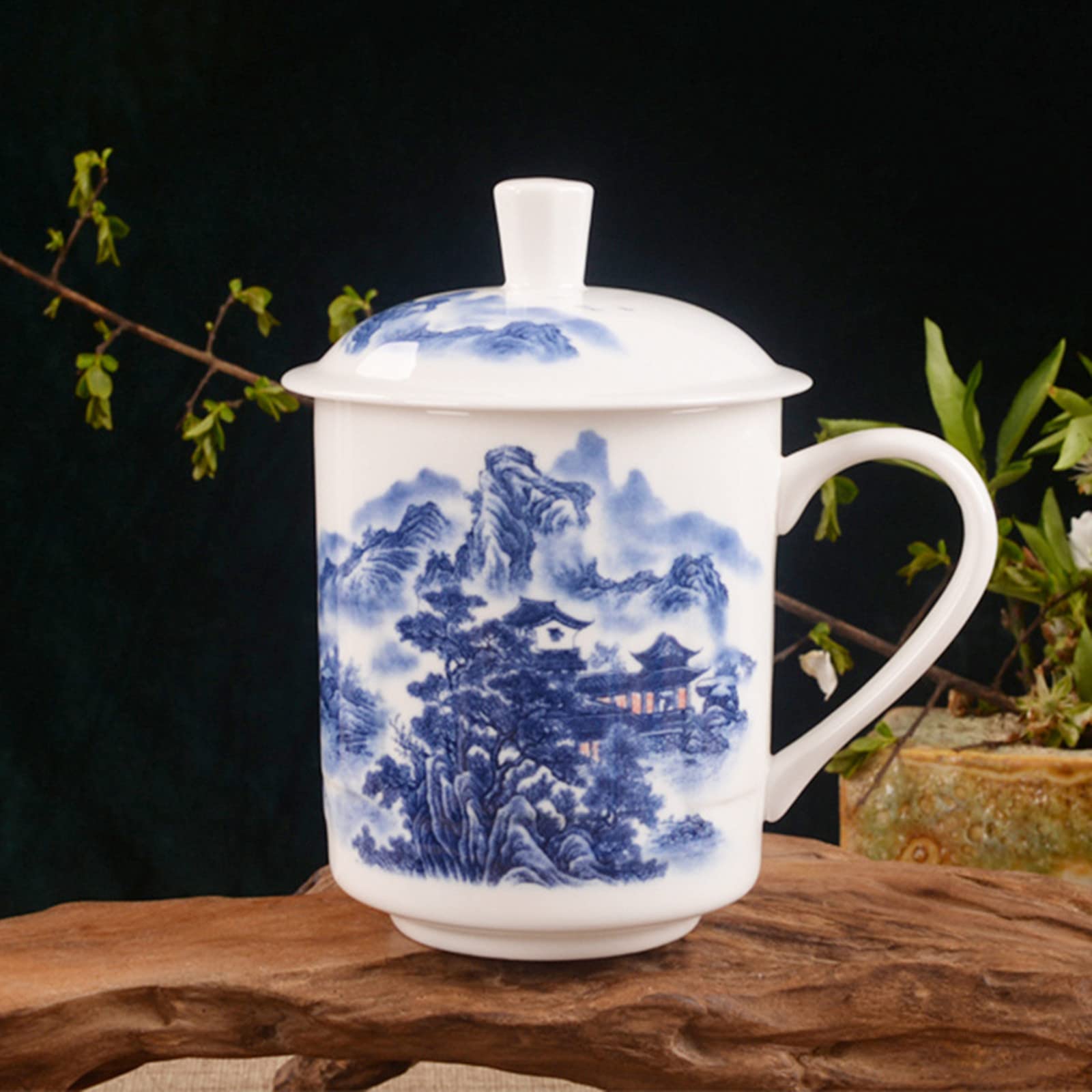 Fine Handmade Ceramics Tea Cup with Lid,(Landscape pattern ) Chinese Jingdezhen Blue and White Porcelain Tea Cup Infuser for: Home Party, Office, Reception Room