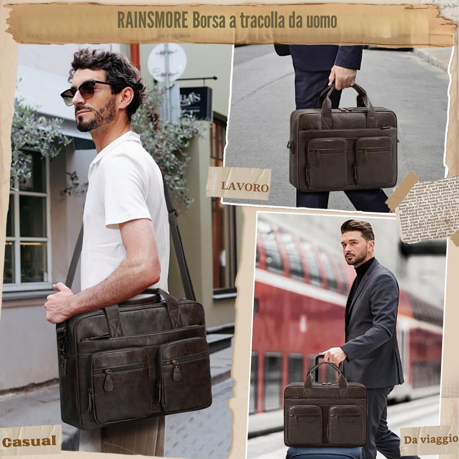 RAINSMORE Borsa Lavoro Uomo Borsa Porta PC 15,6 Pollici Impermeabile Borsa Tracolla Valigetta Documenti Uomo per Università Insegnanti Scuola Ufficio