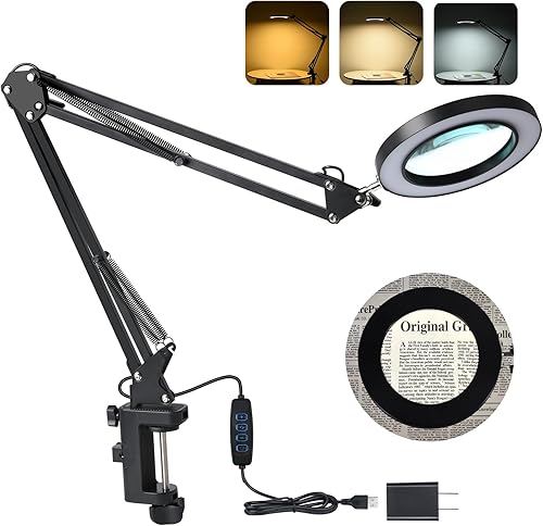 Lámpara de escritorio con lupa LED con soporte, 3 modos de color y lente de vidrio de 5 dioptrías con atenuación continua, brazo giratorio